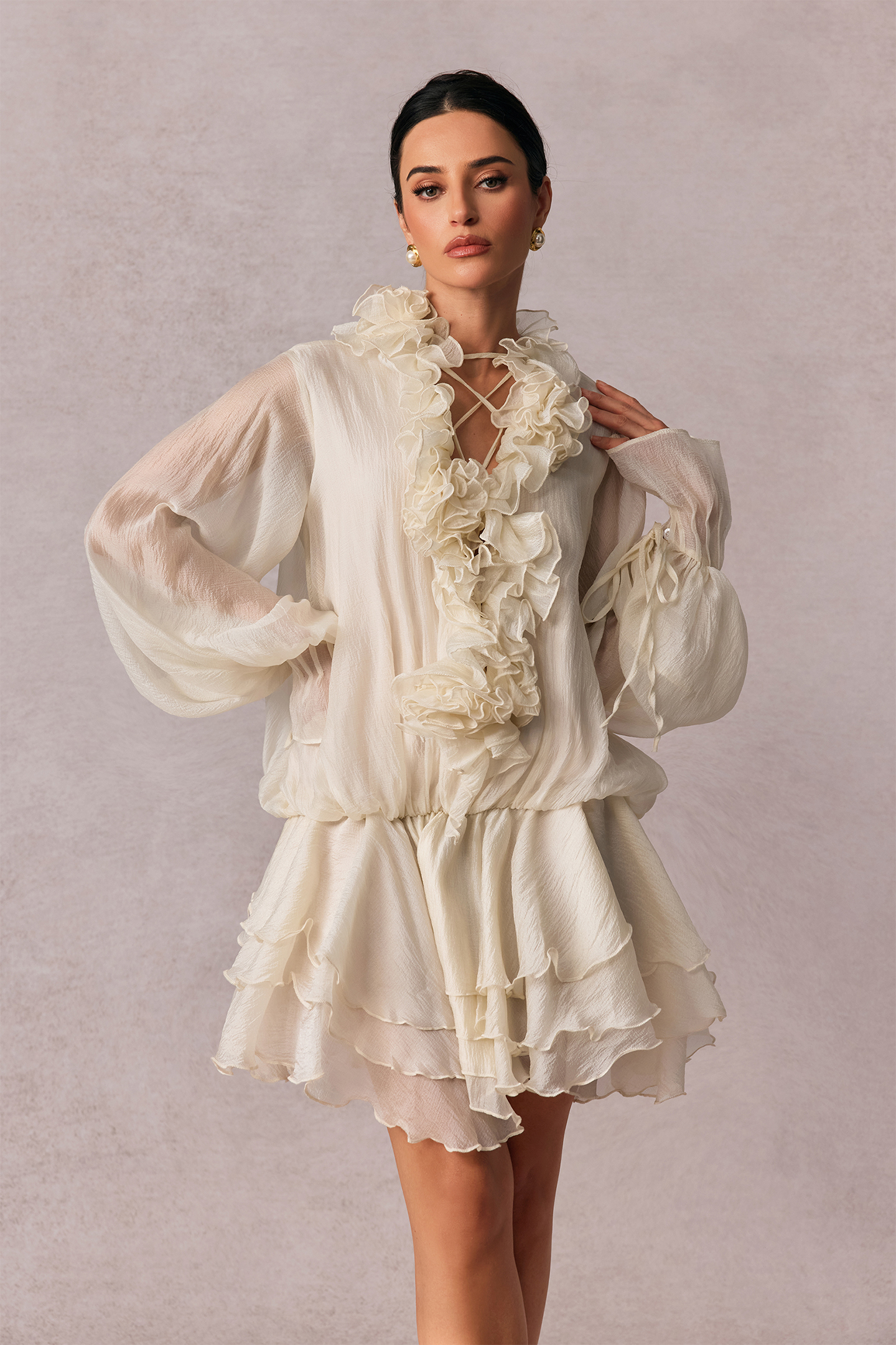 Olive Puff Sleeve Tiered Mini Dress-purelyfable