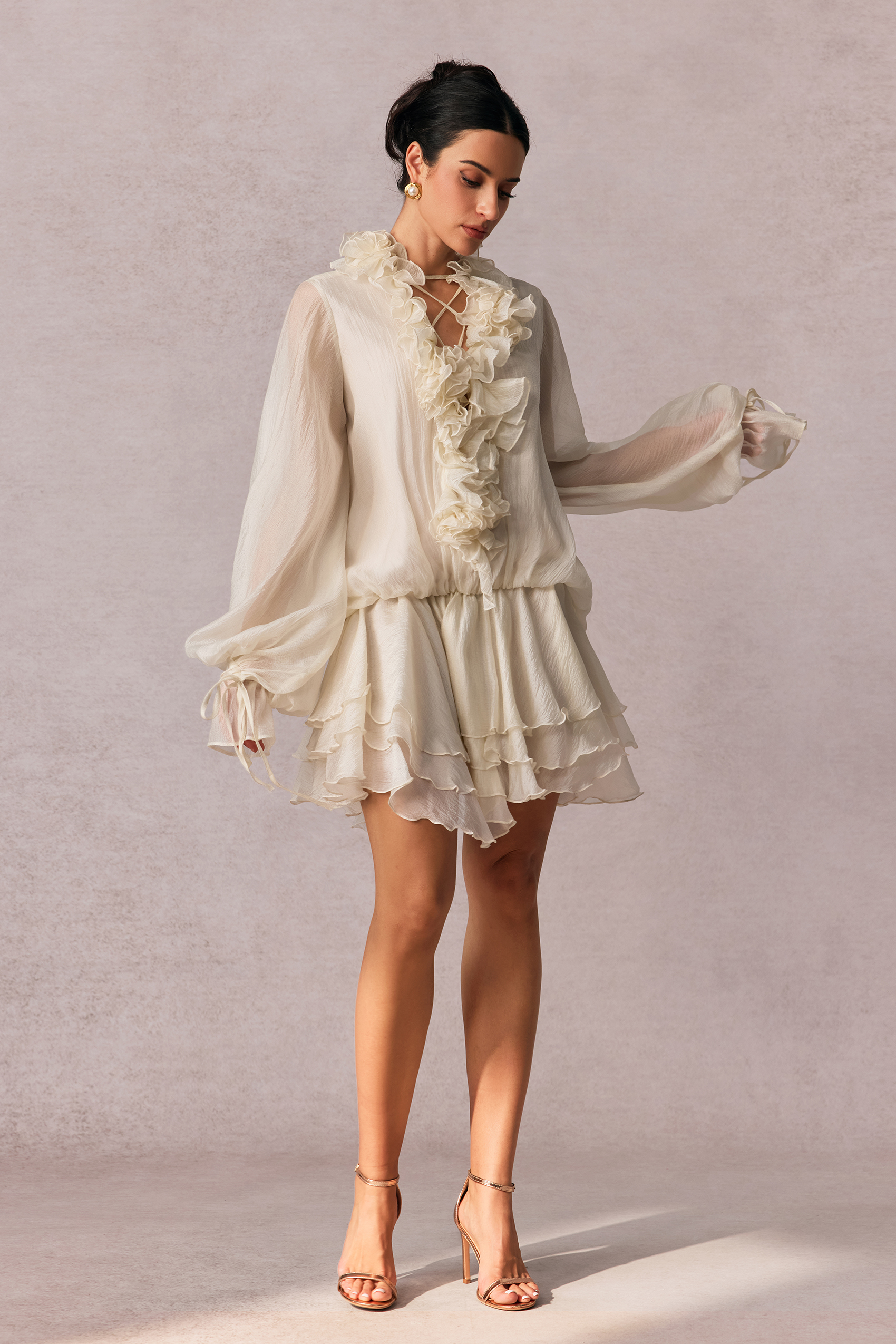 Olive Puff Sleeve Tiered Mini Dress-purelyfable