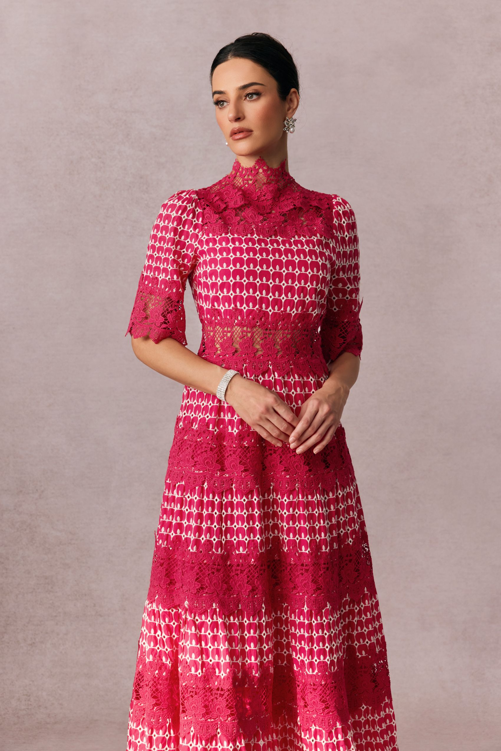 Sabrina Embroidered Lace Short Sleeve Midi Dress-purelyfable