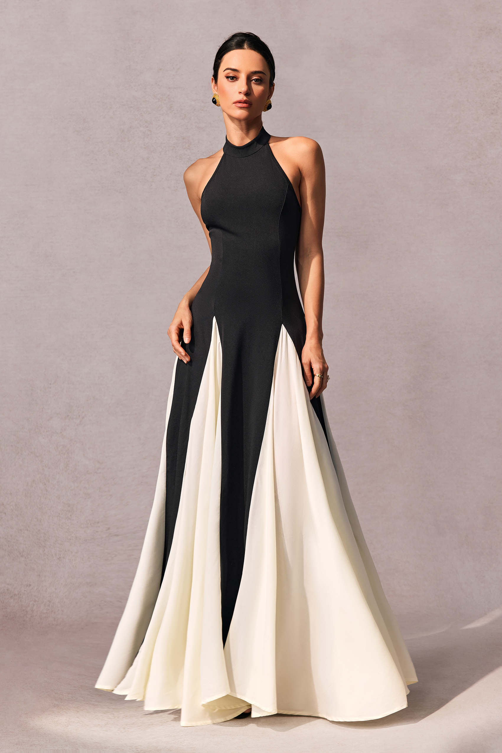 Anna Halter Neck Contrast Panel Maxi Dress-purelyfable