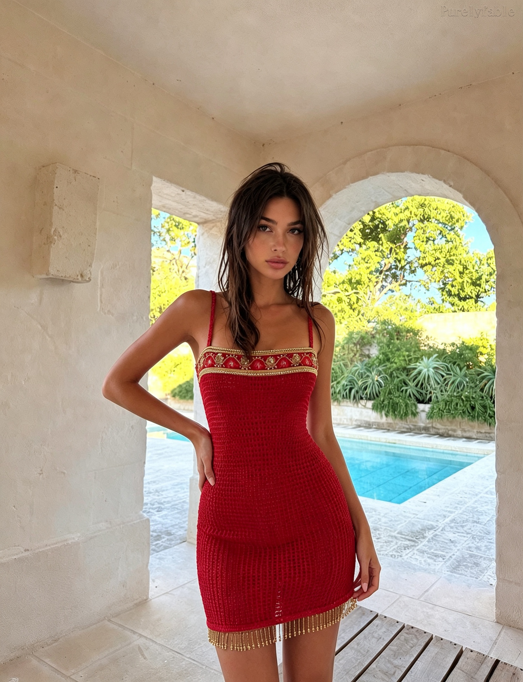Olive Red Thin Shoulder Strap Fitted Dress