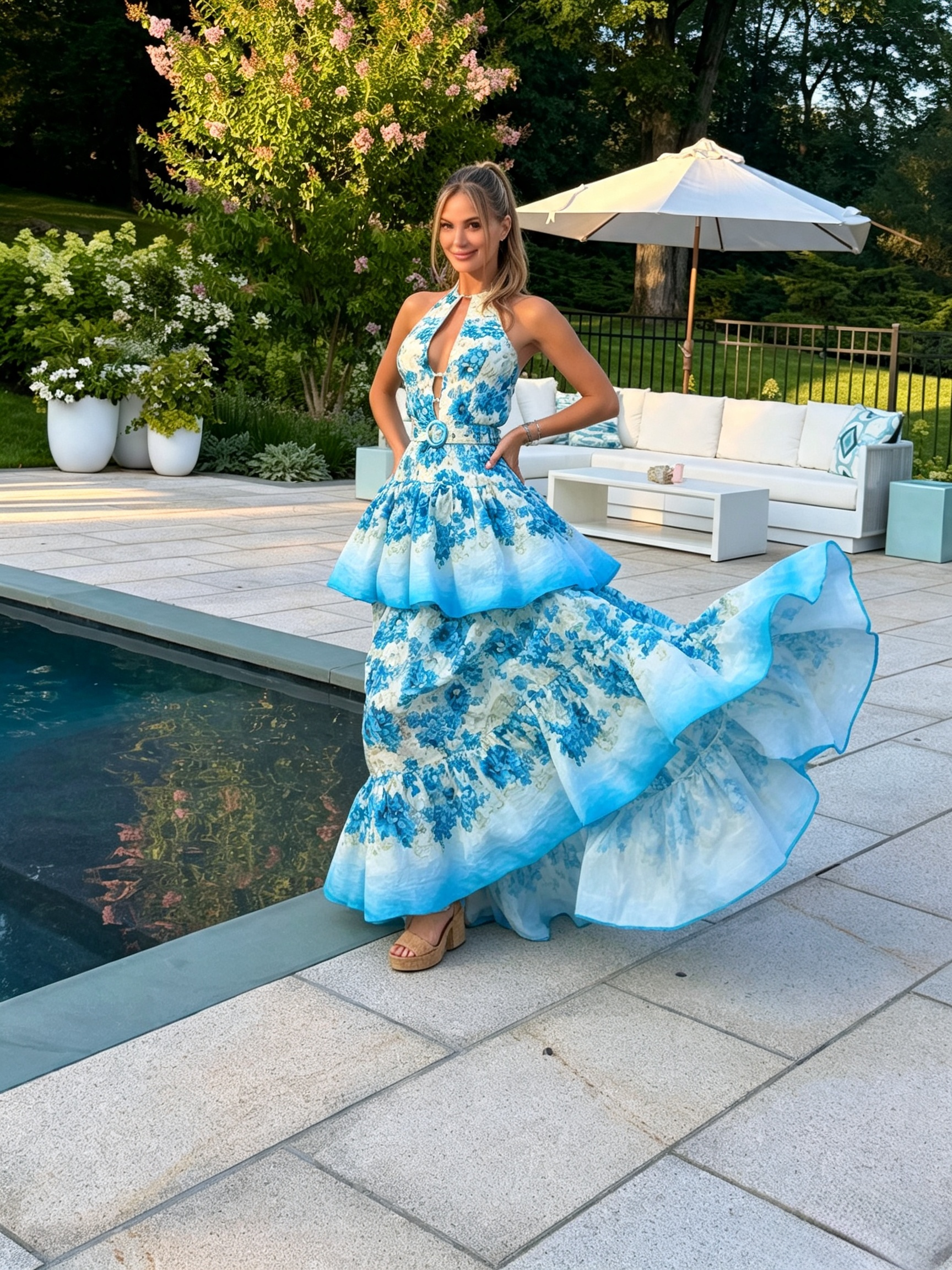 Amira Blue Ruffled Neckline Long Dress