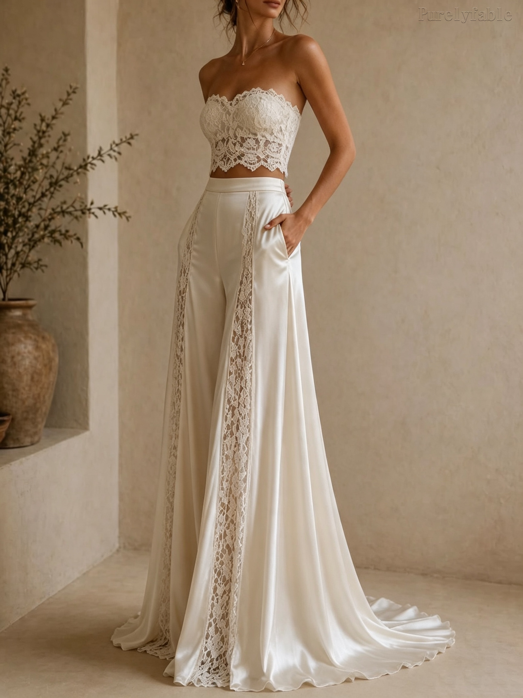 Valeria White Lace Bralette and Wide-Leg Pants Set