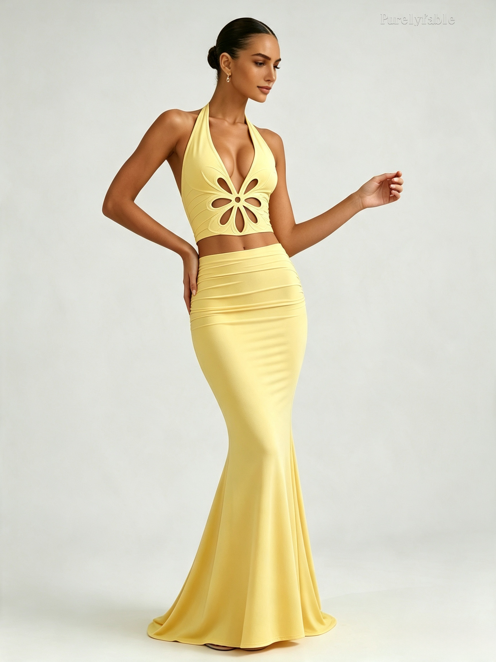 Helena Yellow Open-Back Fish-Tail Skirt Set