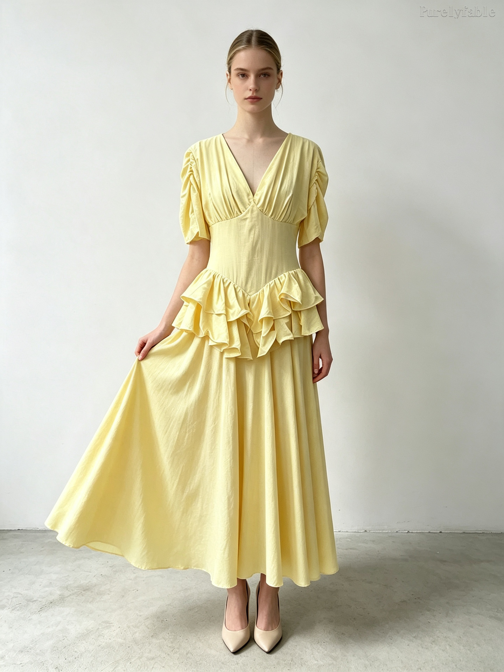 Camilla  Orange Ruffle V-Neck Puff Sleeve Dress