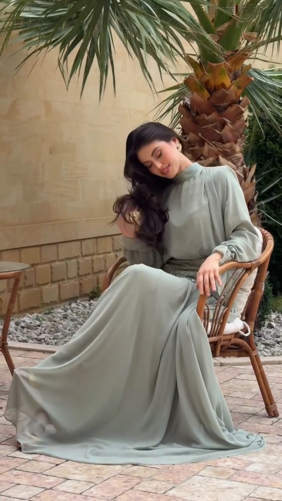 Kamila Light Green High-neck Flowing Long Dress Set