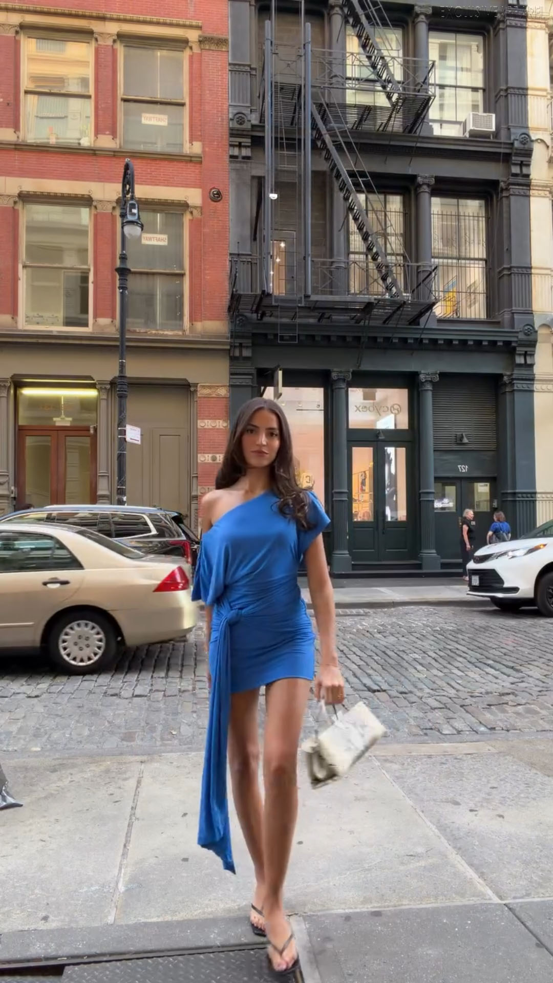 Dahlia Blue Single-Shoulder Drop-Waist Strap Short Dress