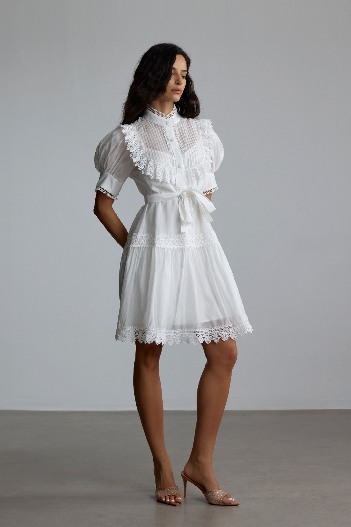 Annette Lace Trim Puff Sleeve Mini Dress-purelyfable