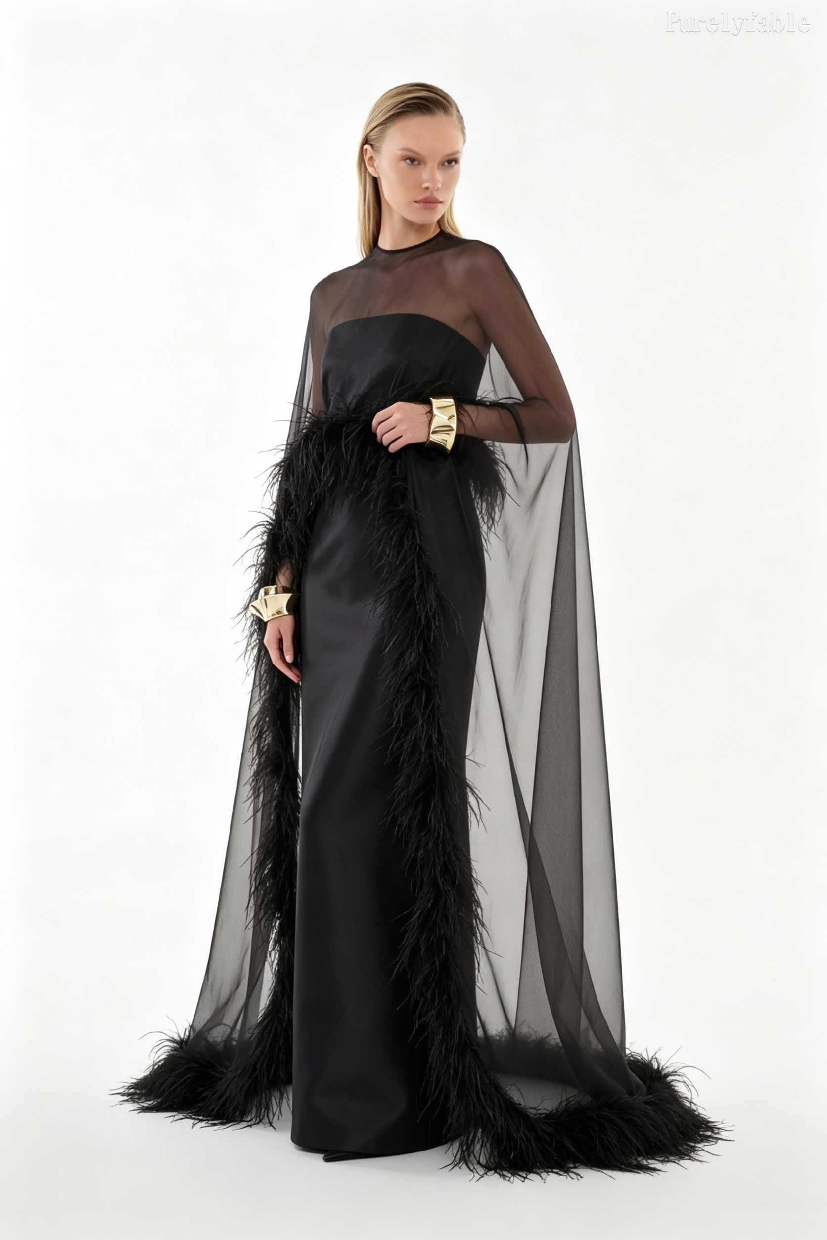 Odelia Black Shawl Feather Dress
