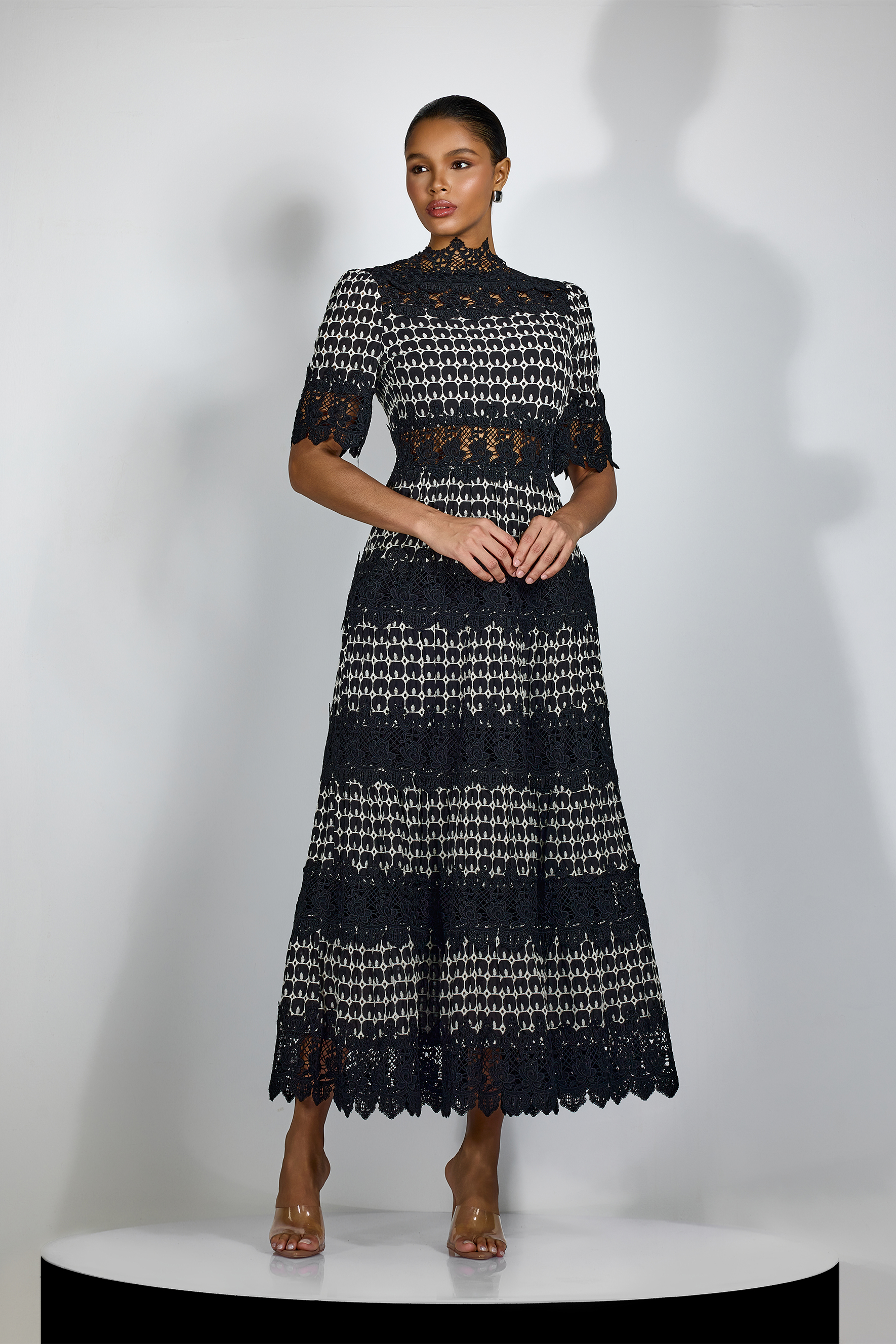 Sabrina Embroidered Lace Short Sleeve Midi Dress-purelyfable