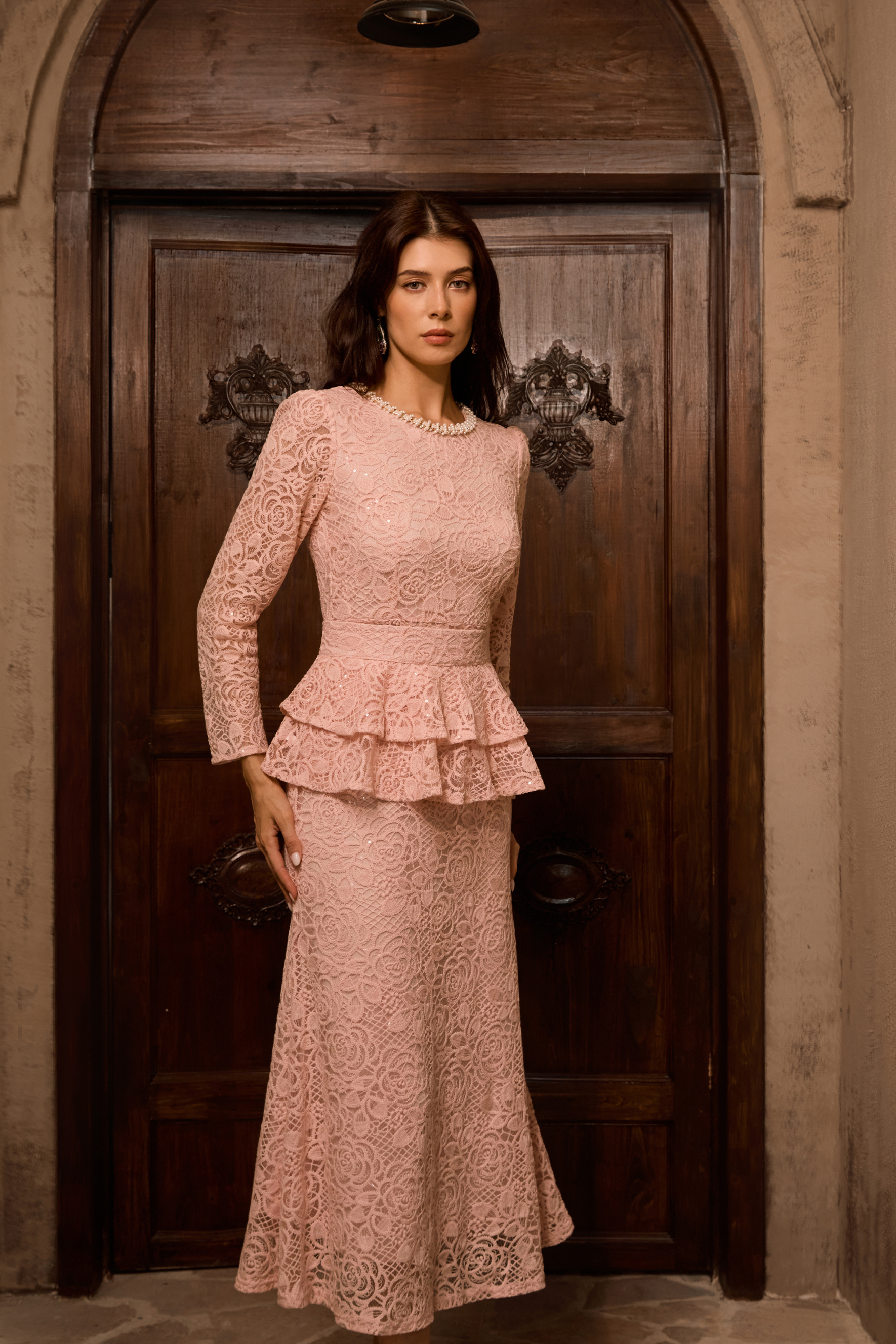 Only Fantasy Pink Embroidered Lace Ruffled Midi Dress-purelyfable