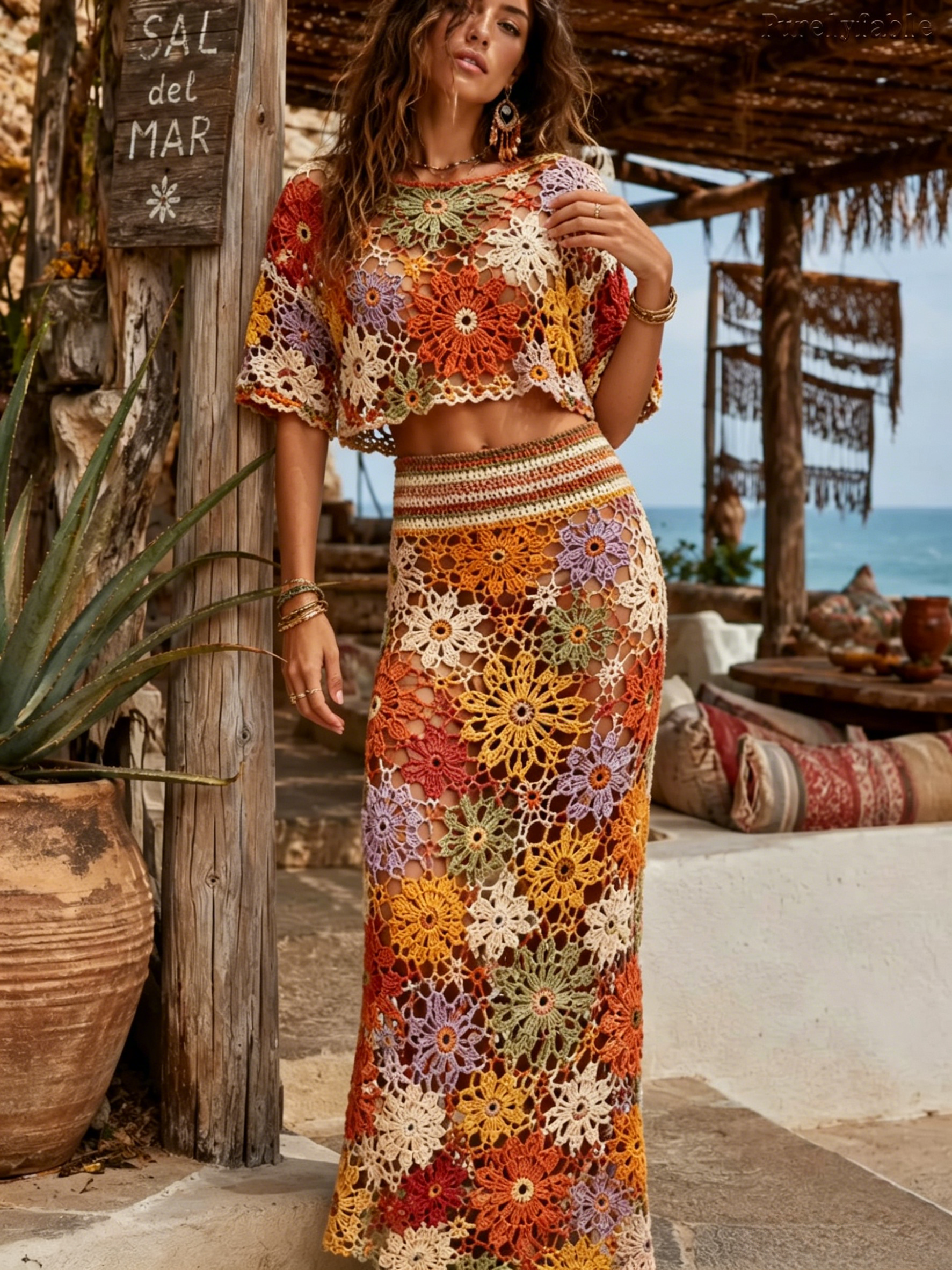 Priscilla Colorful Round-neck Short Blouse and Skirt Set