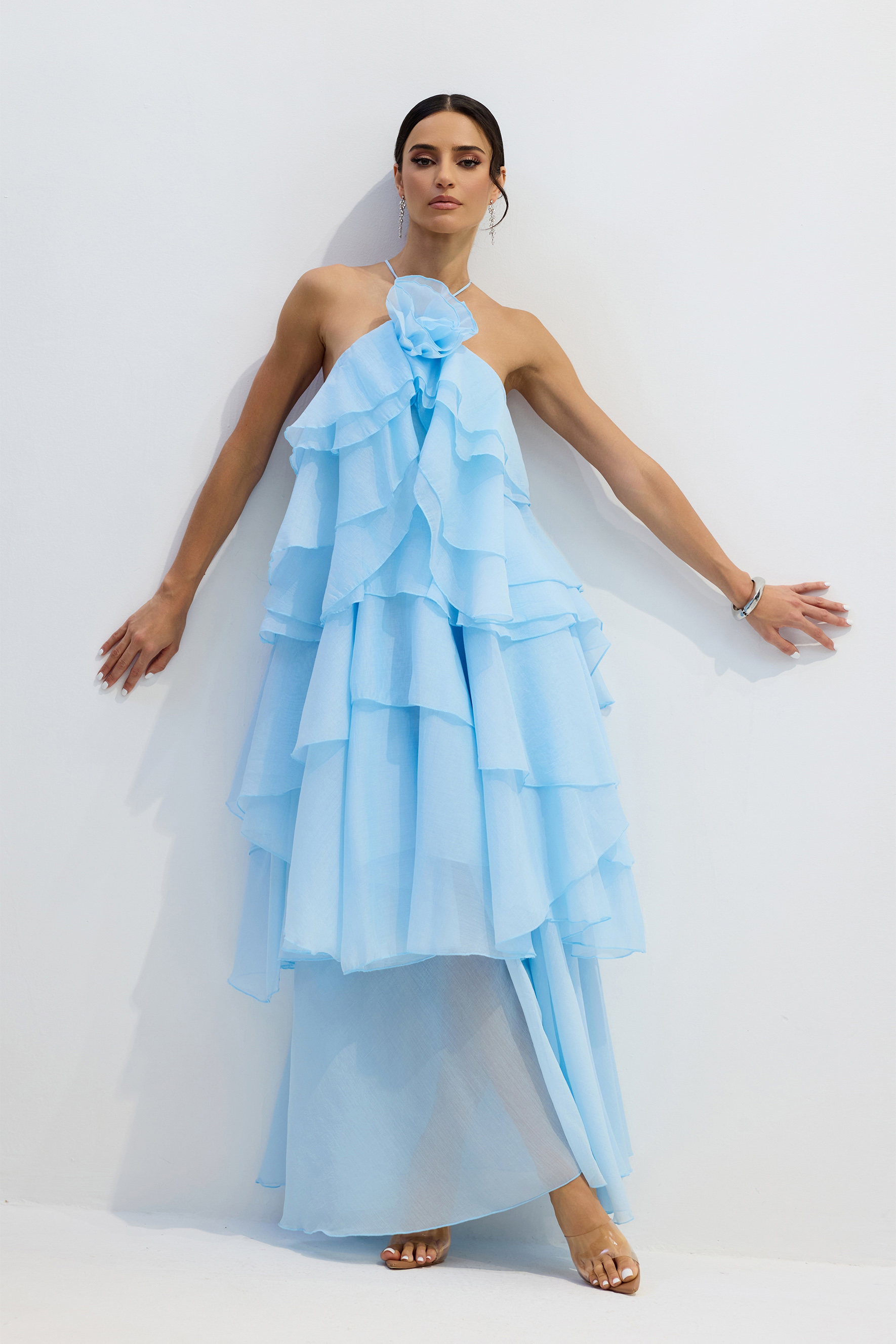Sibley Halterneck Tiered Ruffle Maxi Dress-purelyfable