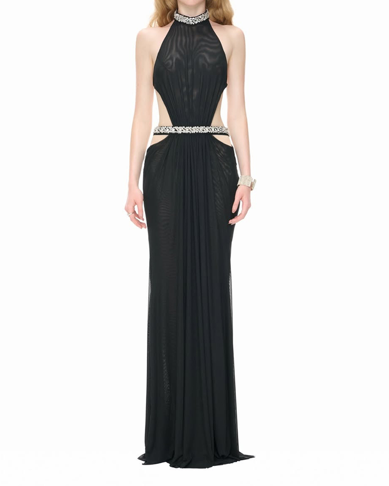Cassandra Black Crystal-embellished Cutout Dress