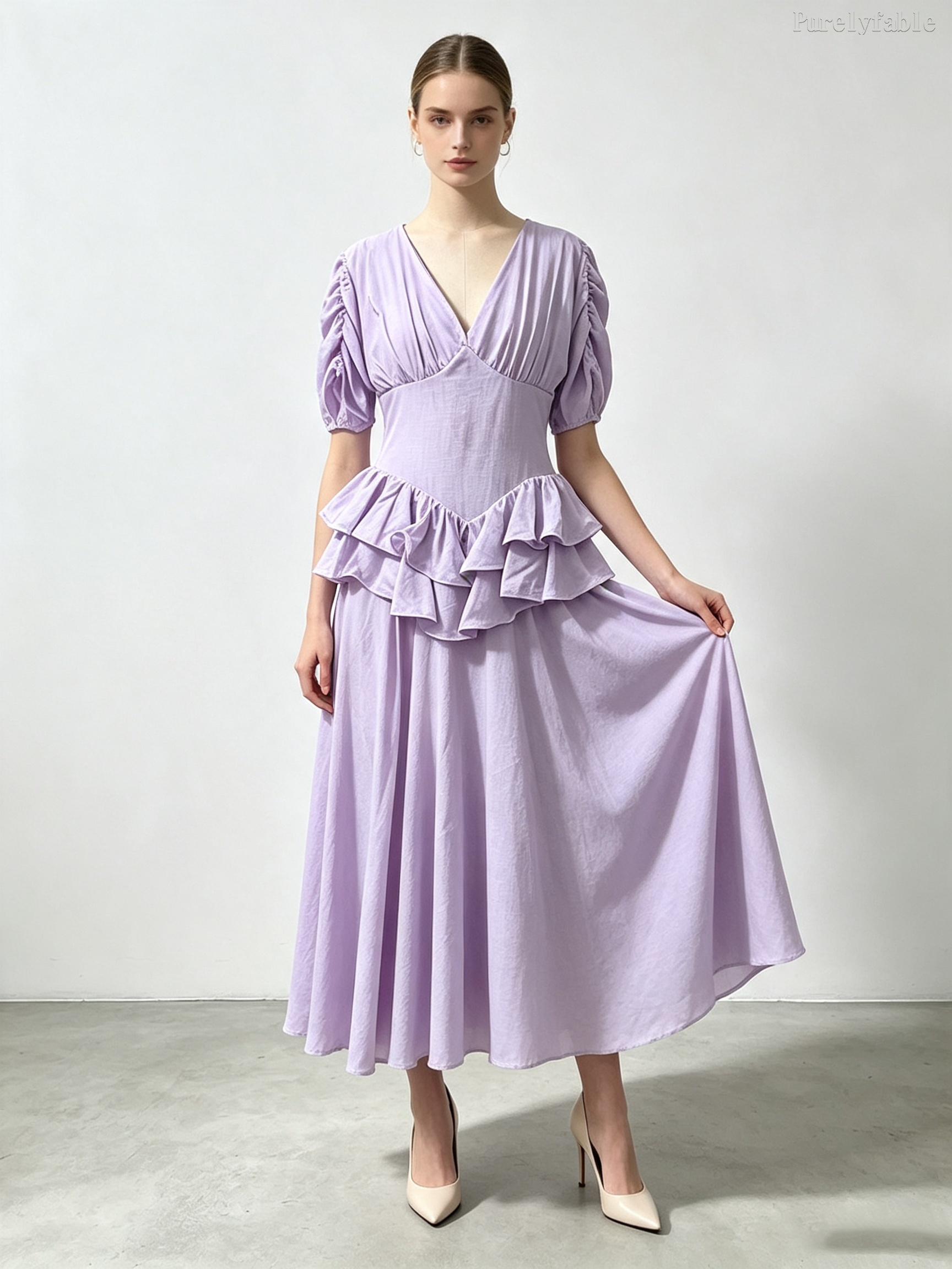 Camilla  Orange Ruffle V-Neck Puff Sleeve Dress