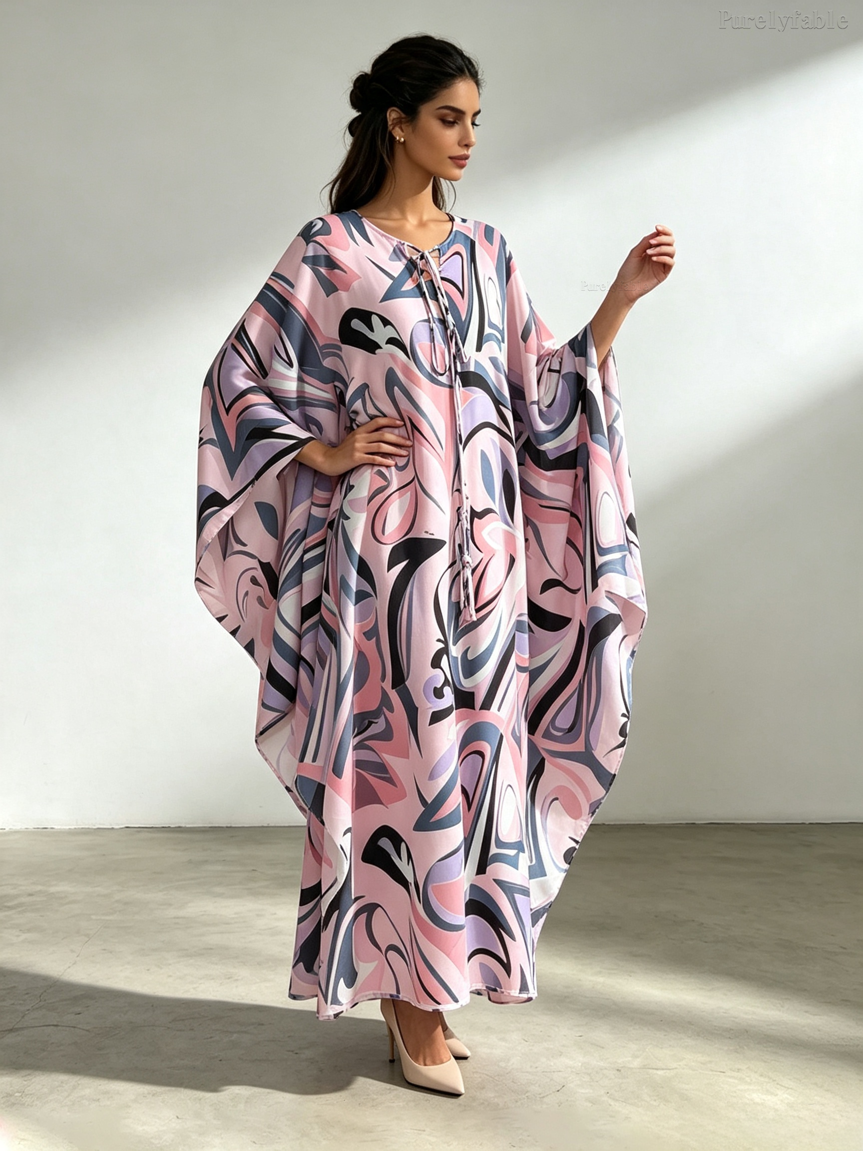 Rosalie Purple Loose-Knit Lace-Up Printed Long Dress