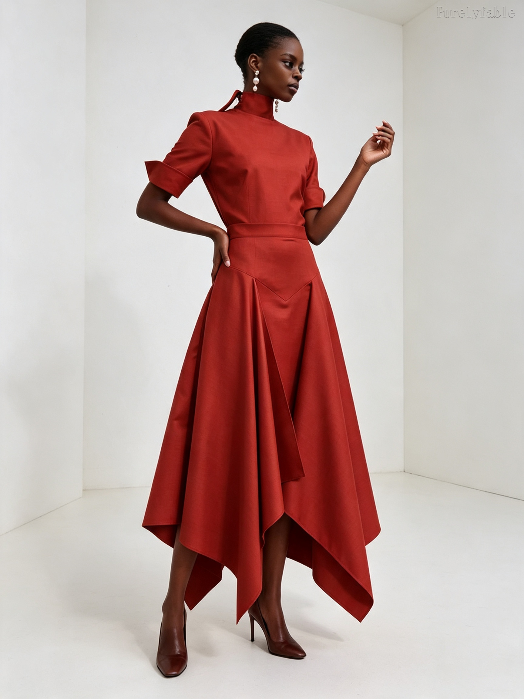 Iris Red Top And Irregular-Length Skirt Two-Piece Set
