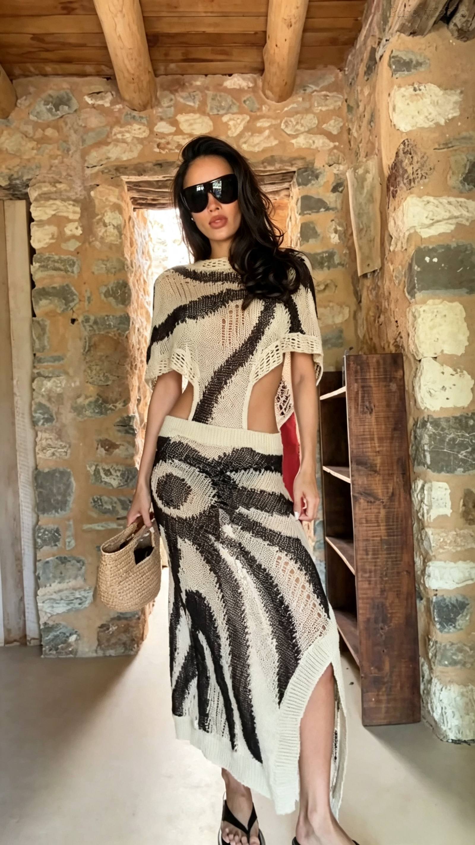 Brielle Black and White Sleeveless Mesh Long Dress