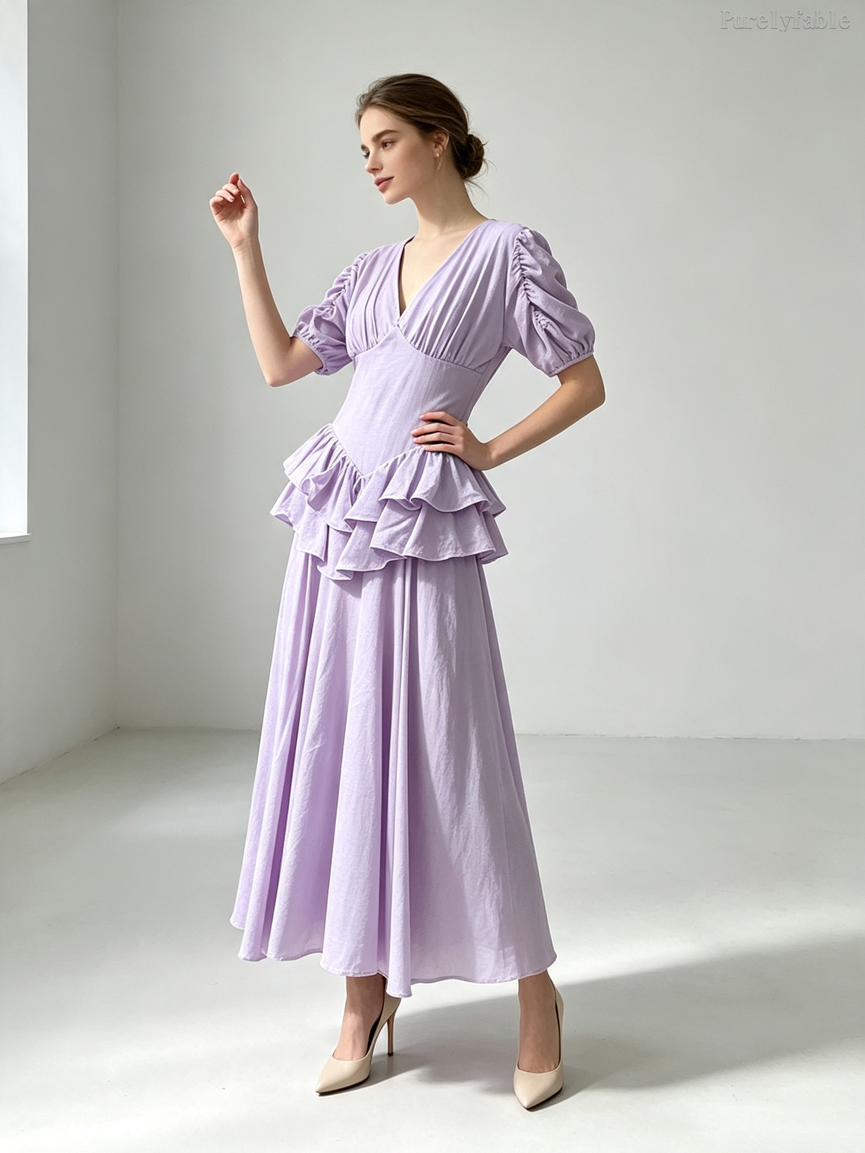 Camilla  Orange Ruffle V-Neck Puff Sleeve Dress