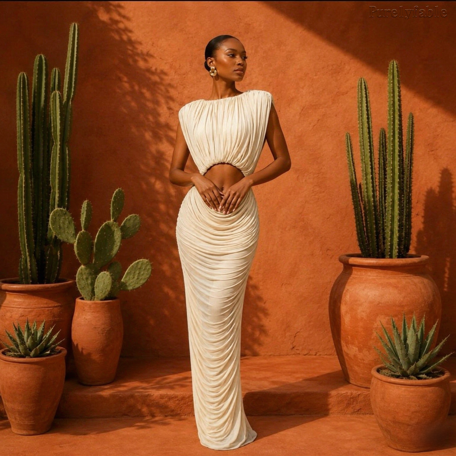 Noelia Beige Hollow-Out Sleeveless Draped Dress