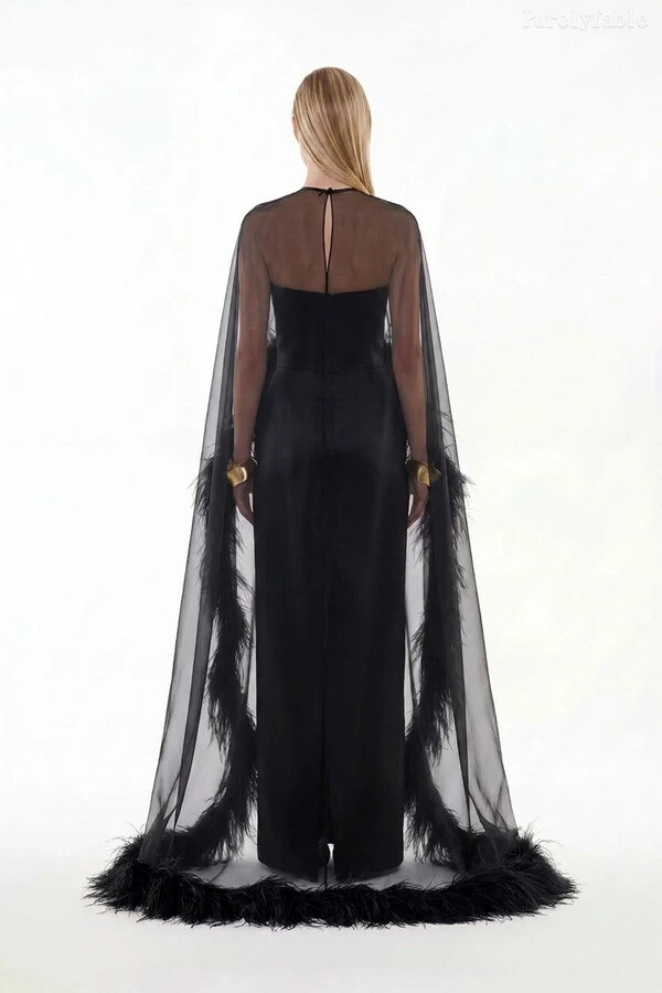 Odelia Black Shawl Feather Dress