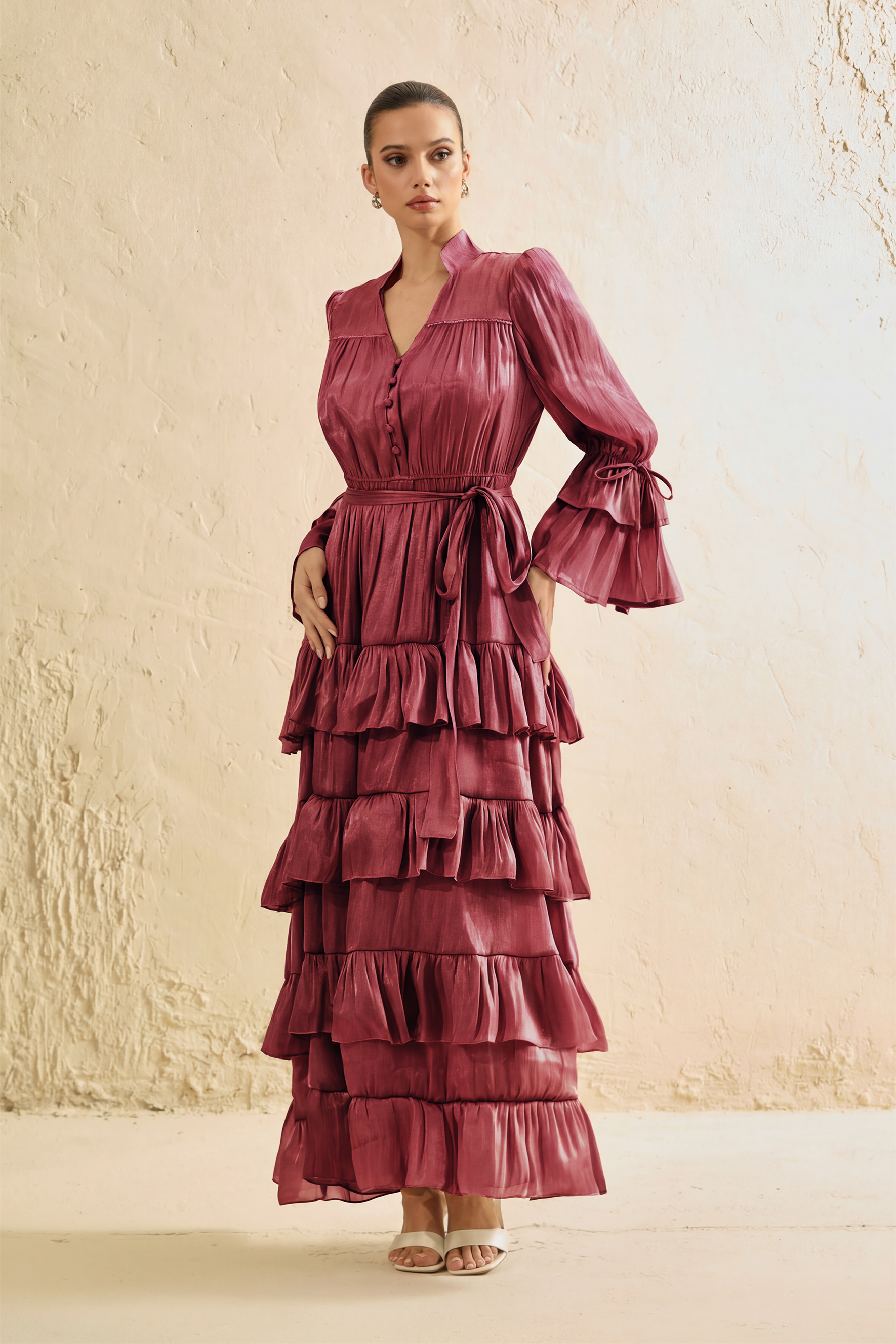 Signature Lady Dark Pink Tiered Ruffle Maxi Dress-purelyfable