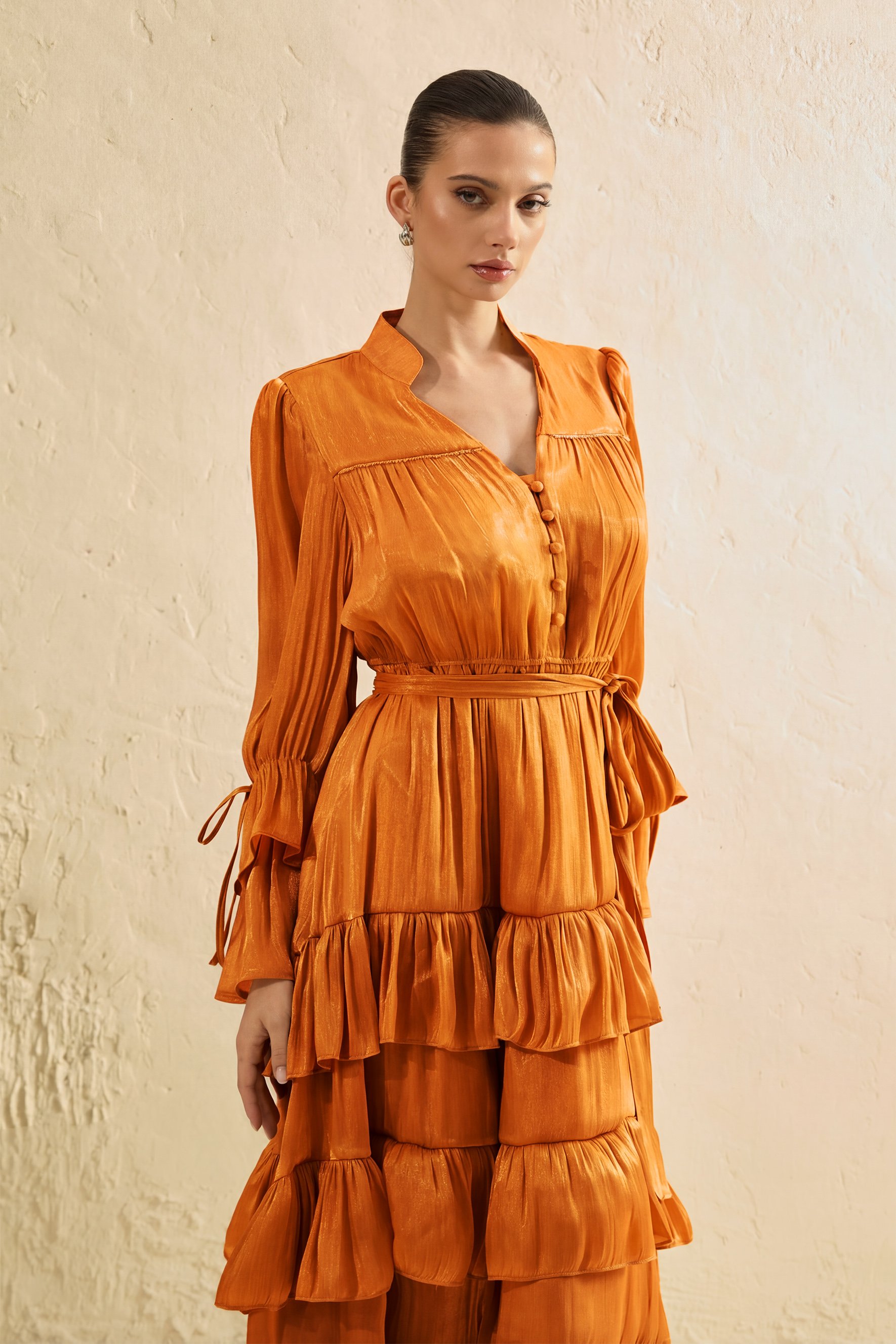 Signature Lady Orange Tiered Ruffle Maxi Dress-purelyfable