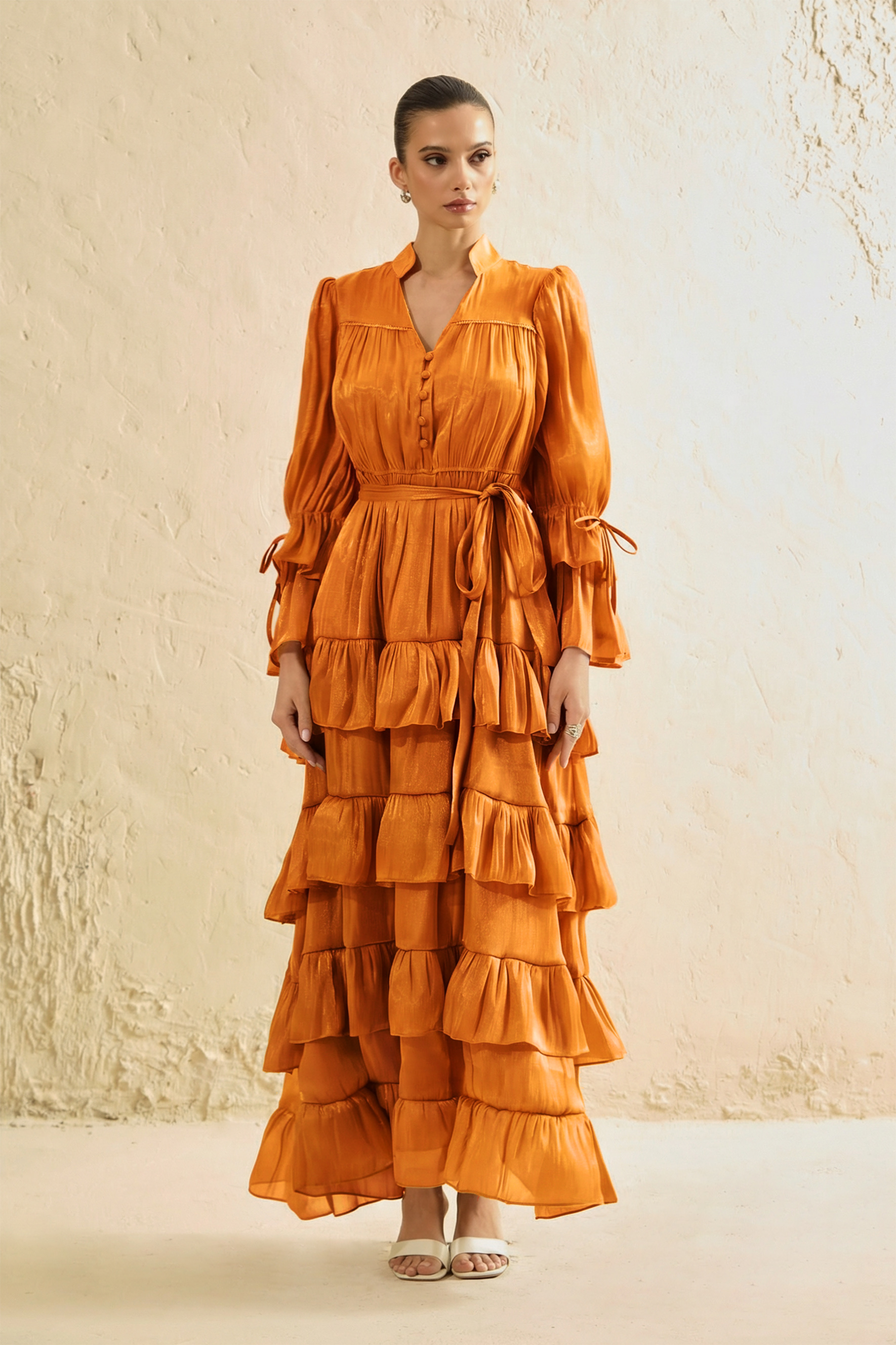 Signature Lady Orange Tiered Ruffle Maxi Dress-purelyfable