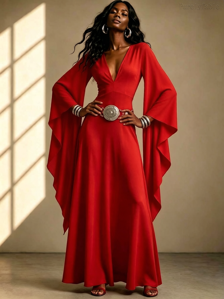 Olive Red Deep V-neck Flared Sleeve Dress