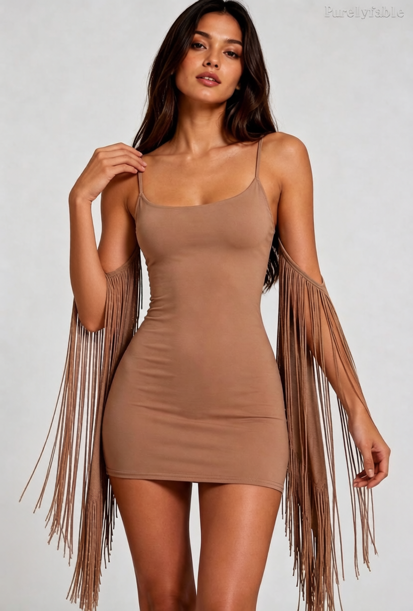 Grace Brown Slim Camisole Backless Fringe Dress