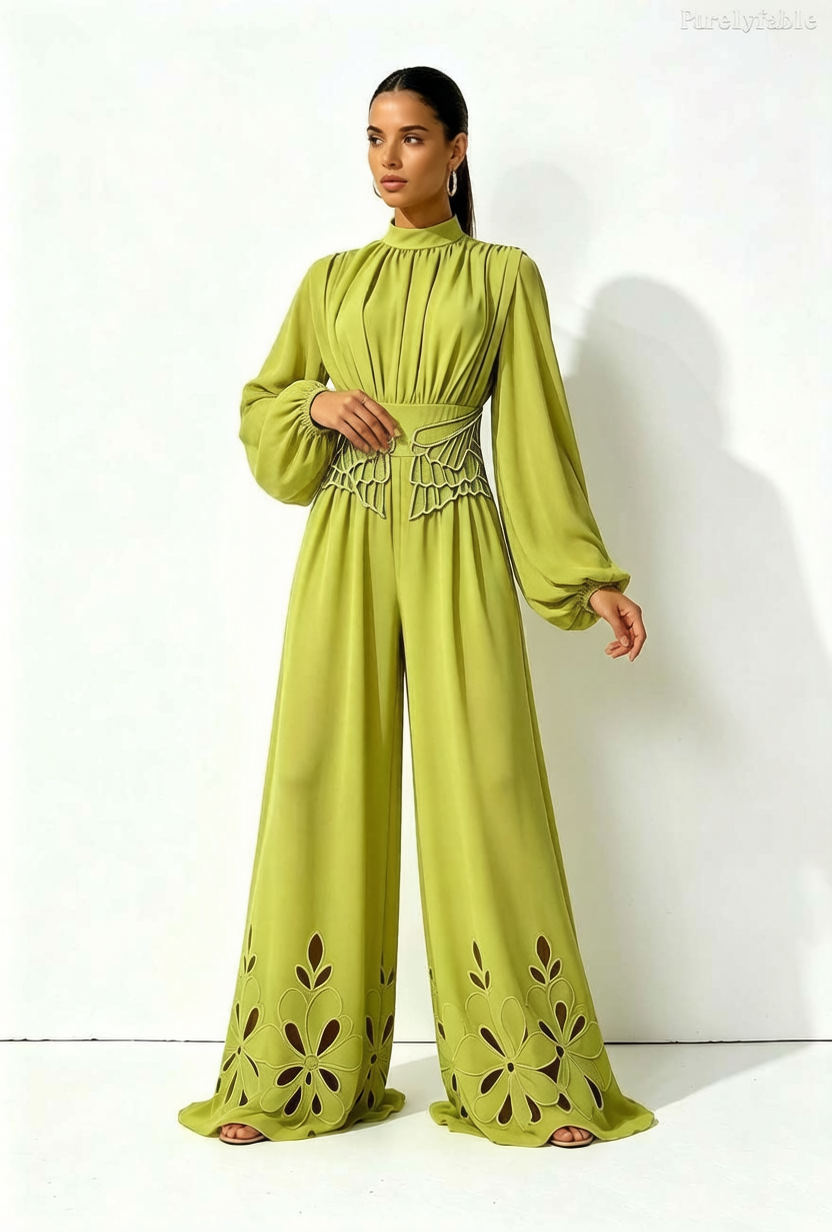 Cosima Green Iantern Sleeve Hollowed Out Floral Jumpsuit