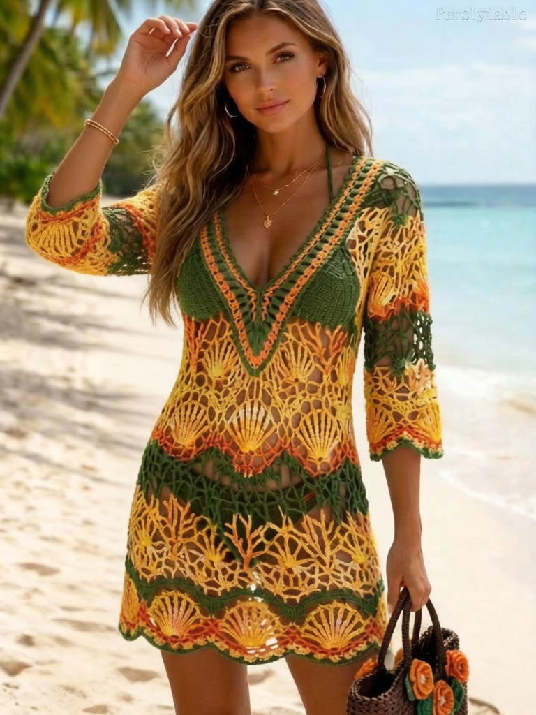Mila Color Deep V Seven Sleeve Hollow Hook Flower Dress