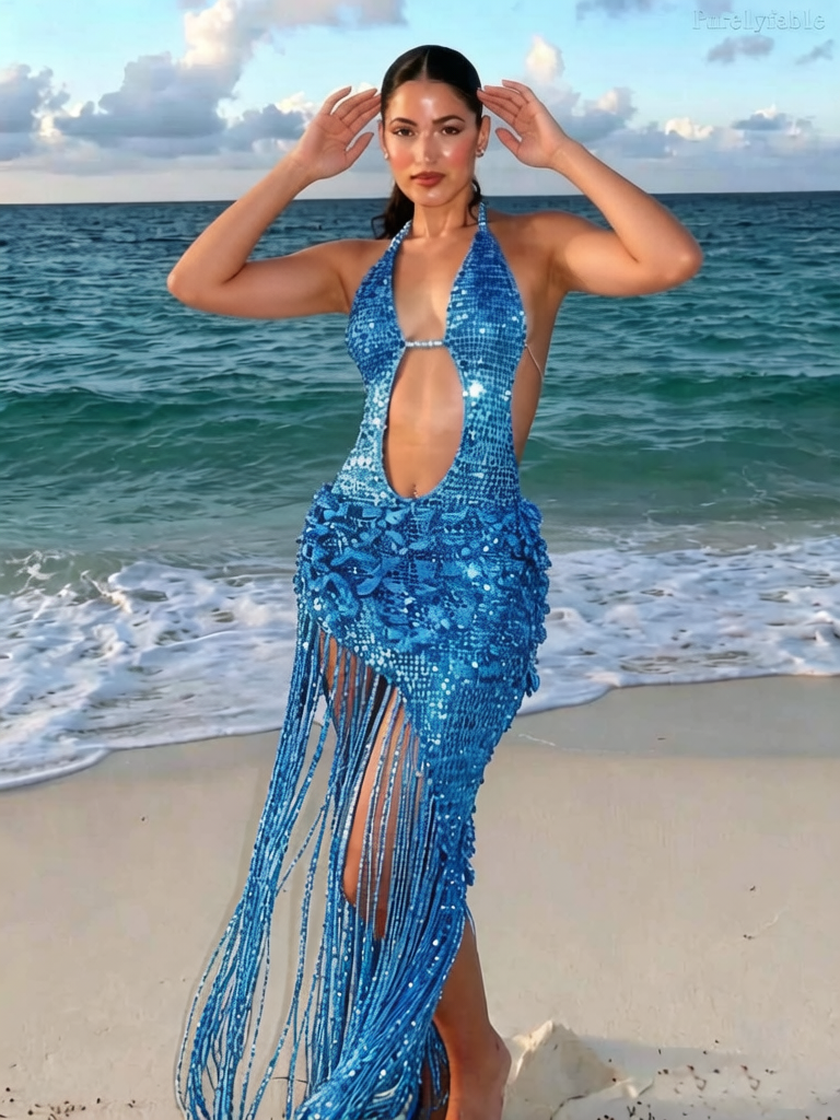 Halle's Sky-Blue Openwork Fringed Vacation Dress