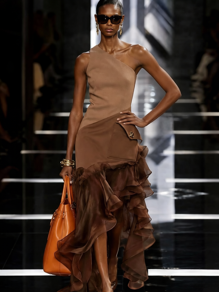 Gabriela's Brown Single-Shoulder Ruffled Dress