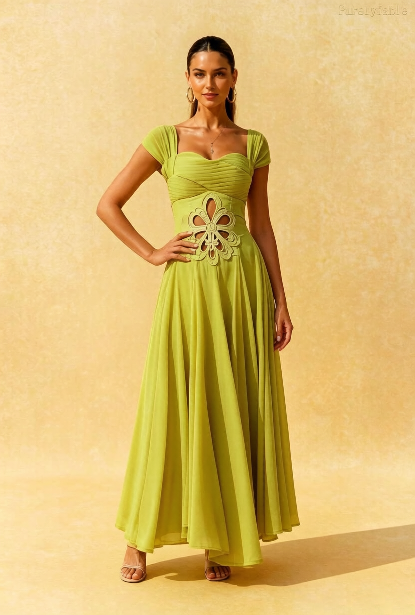 Daphne Green Square Neck Hollow Flower Dress