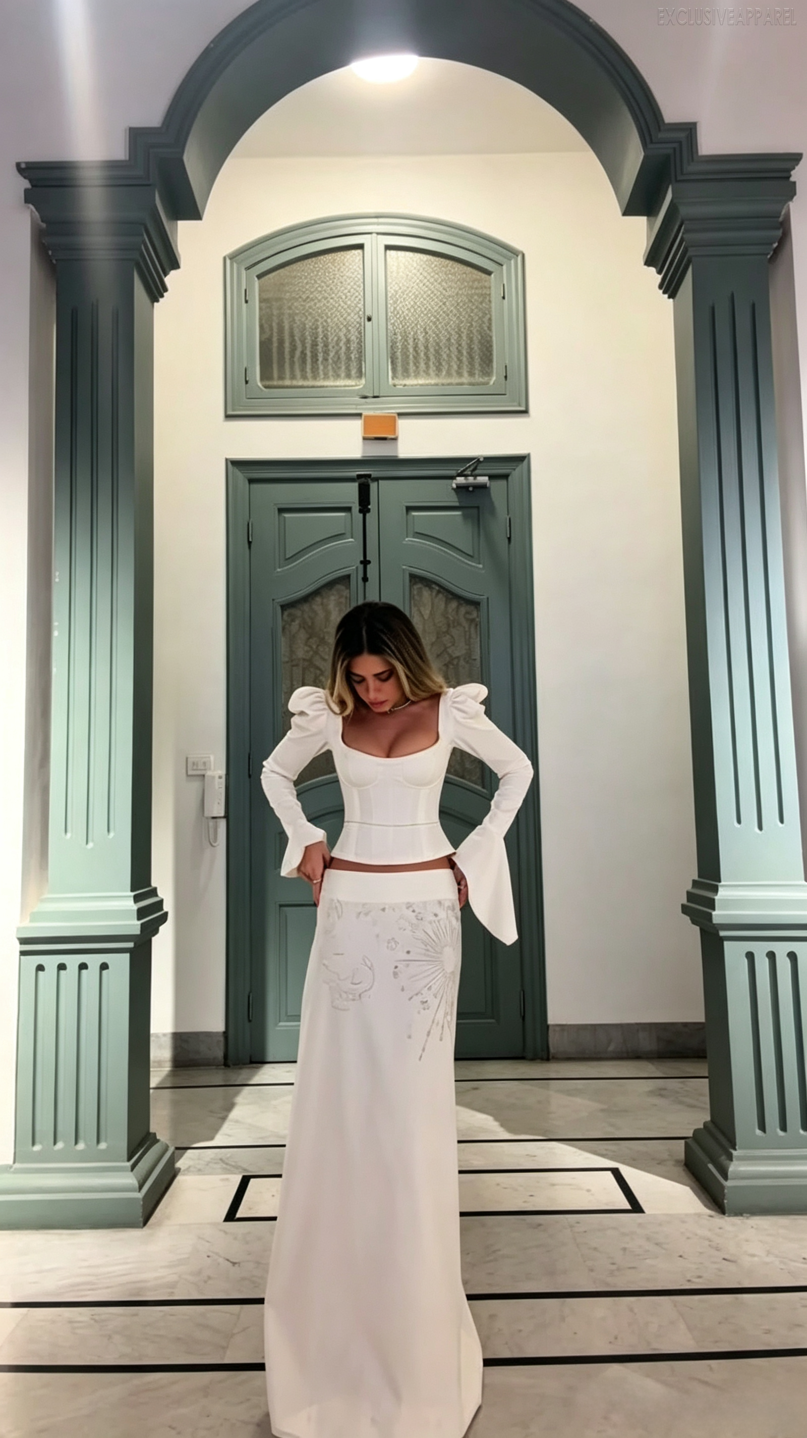 Eloise White Square-neck Bubble Long-Sleeve Dress Set