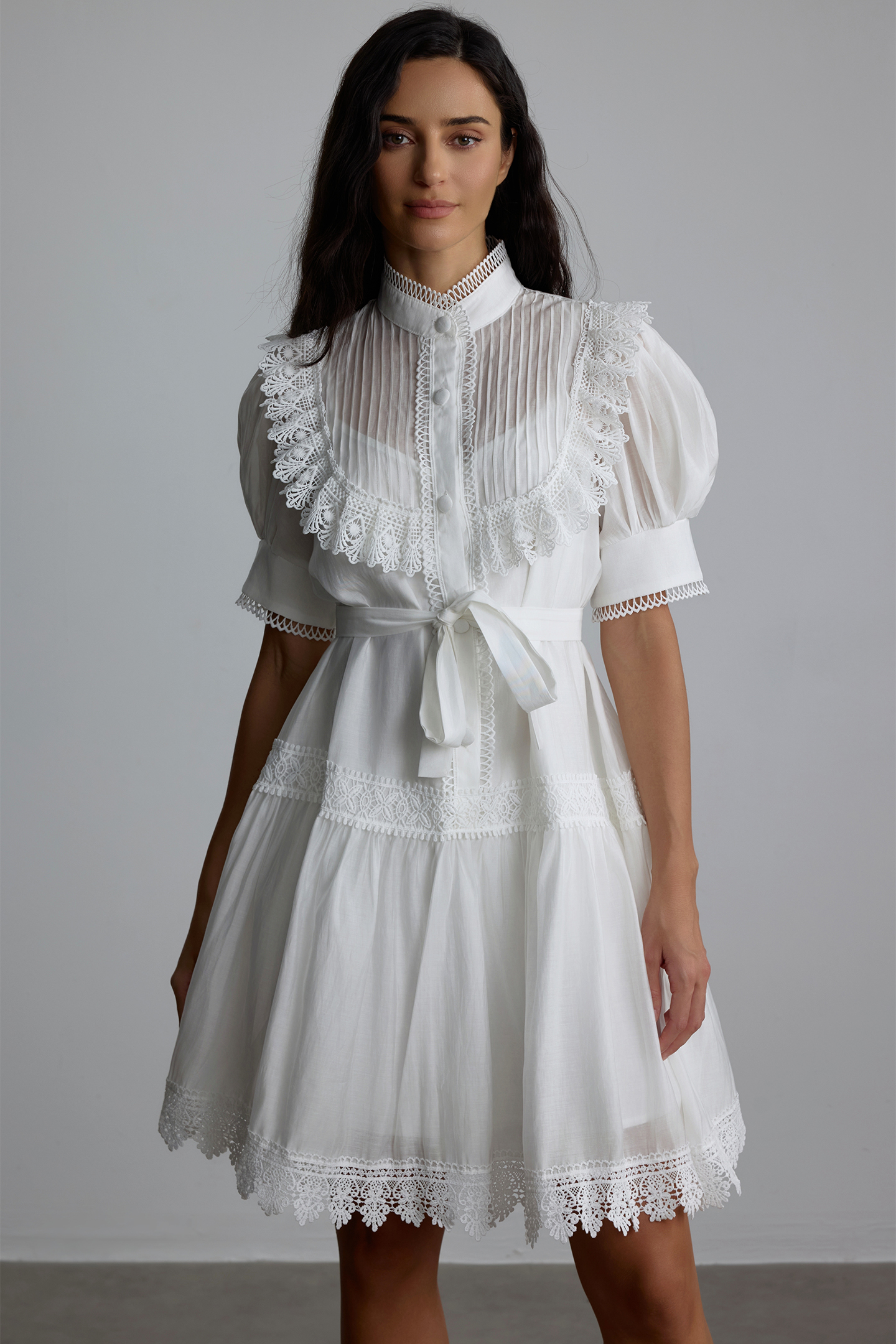 Annette Lace Trim Puff Sleeve Mini Dress-purelyfable