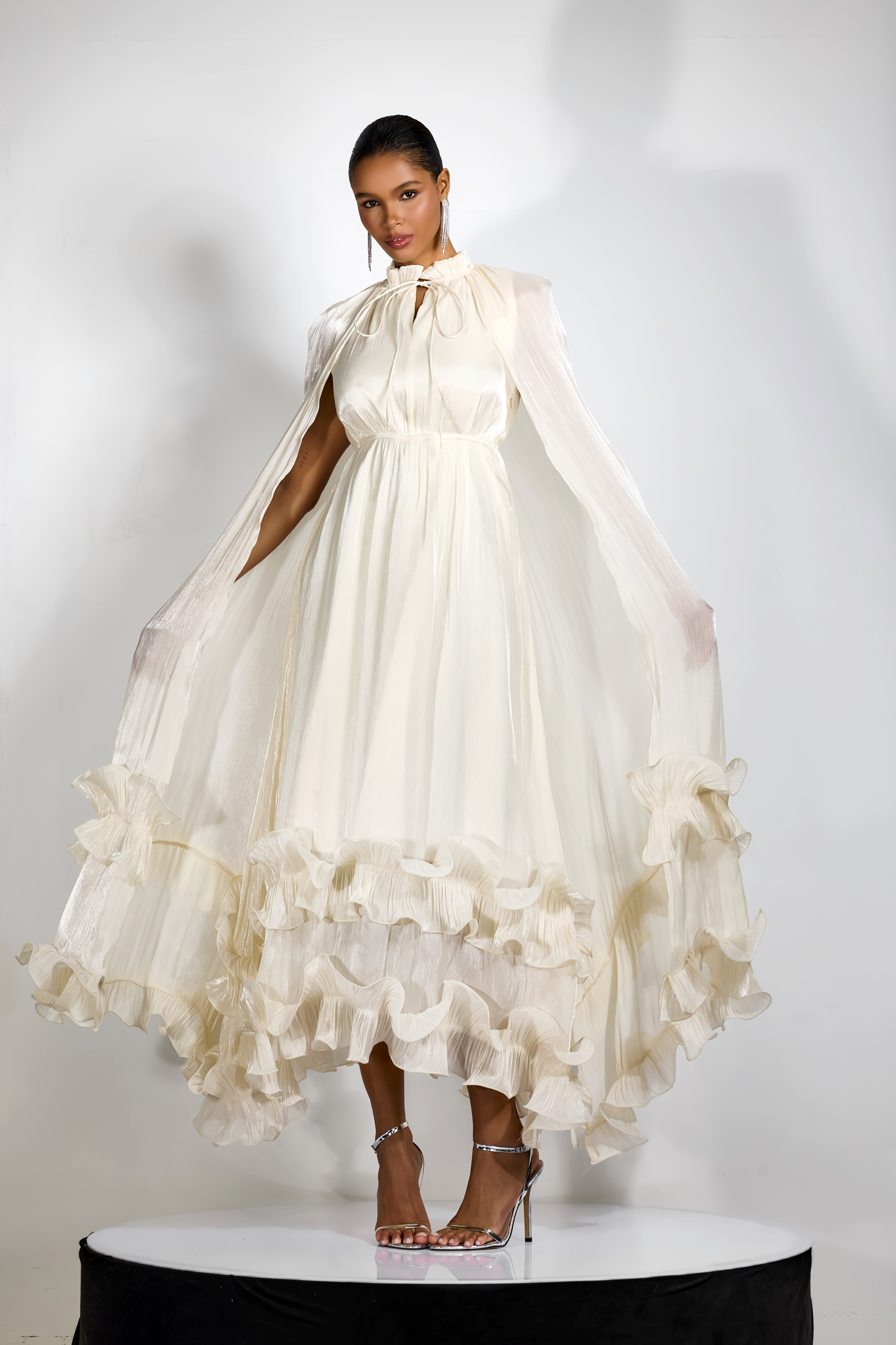 Shirley Cape-effect Ruffled Midi Dress-purelyfable