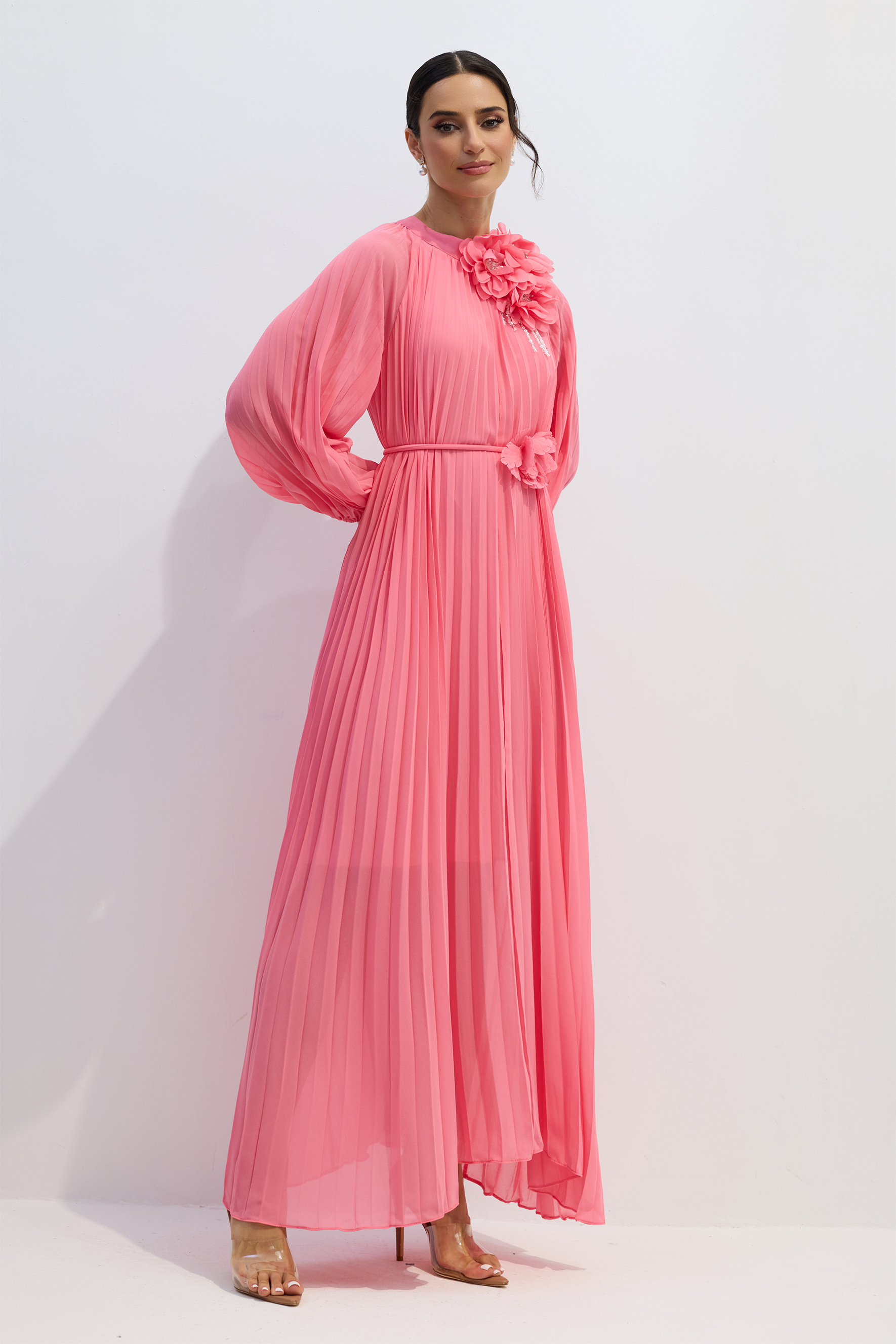 Irene Floral Applique Pleated Chiffon Maxi Dress-purelyfable