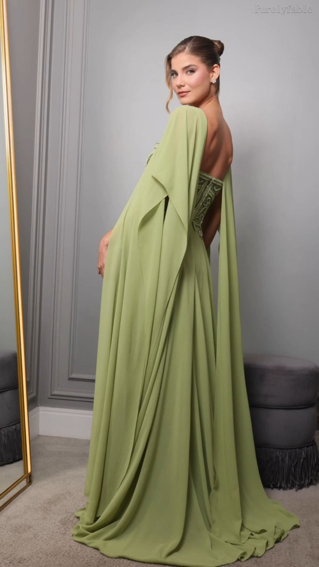 Greta Matcha Green Strapless Chiffon Shawl Dress