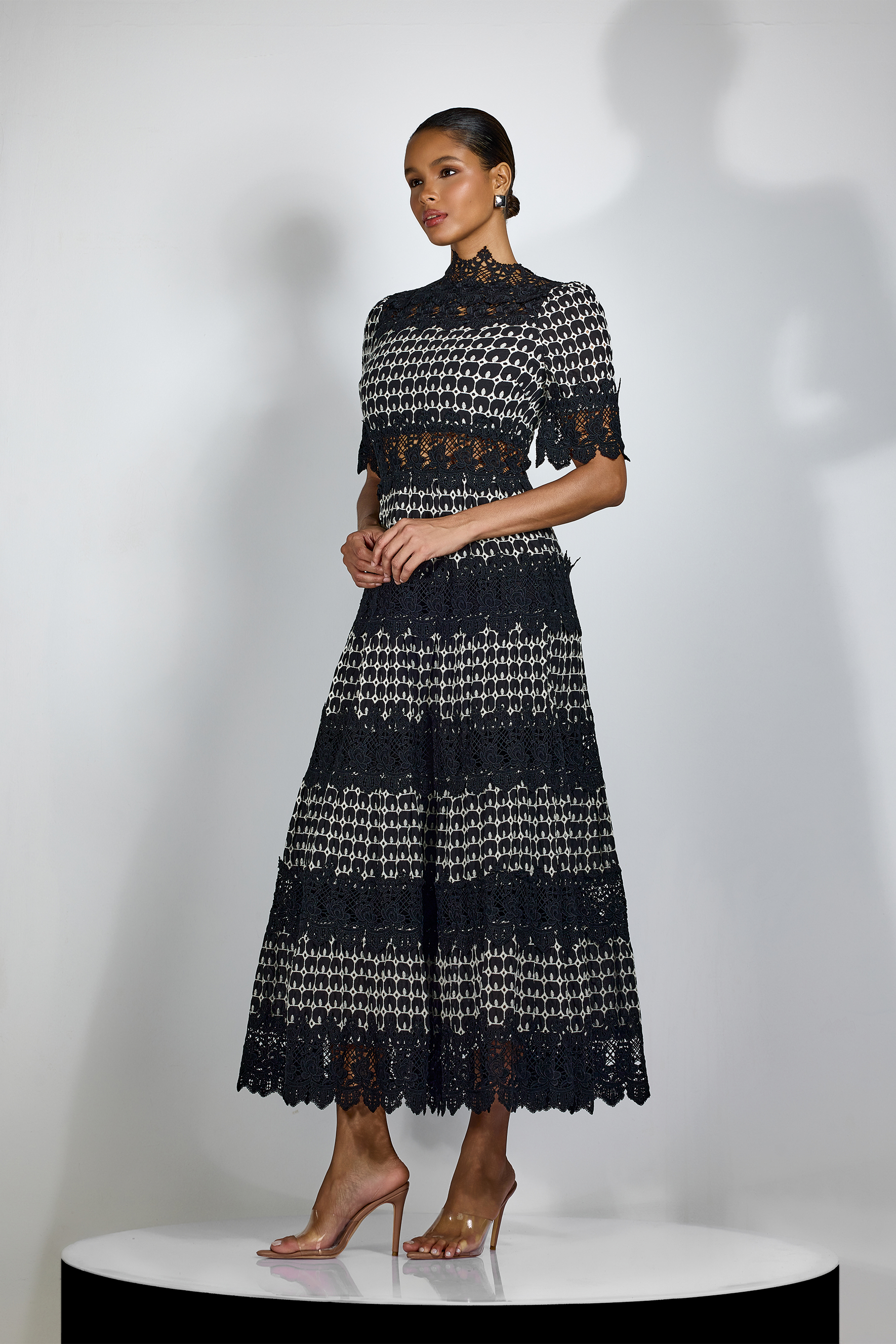 Sabrina Embroidered Lace Short Sleeve Midi Dress-purelyfable