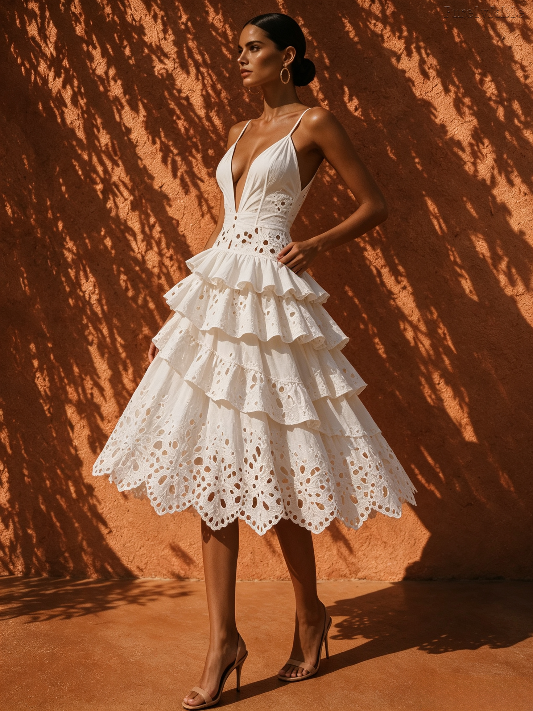 Elysia White Deep-V Multi-Layered Lotus Leaf Midi Dress