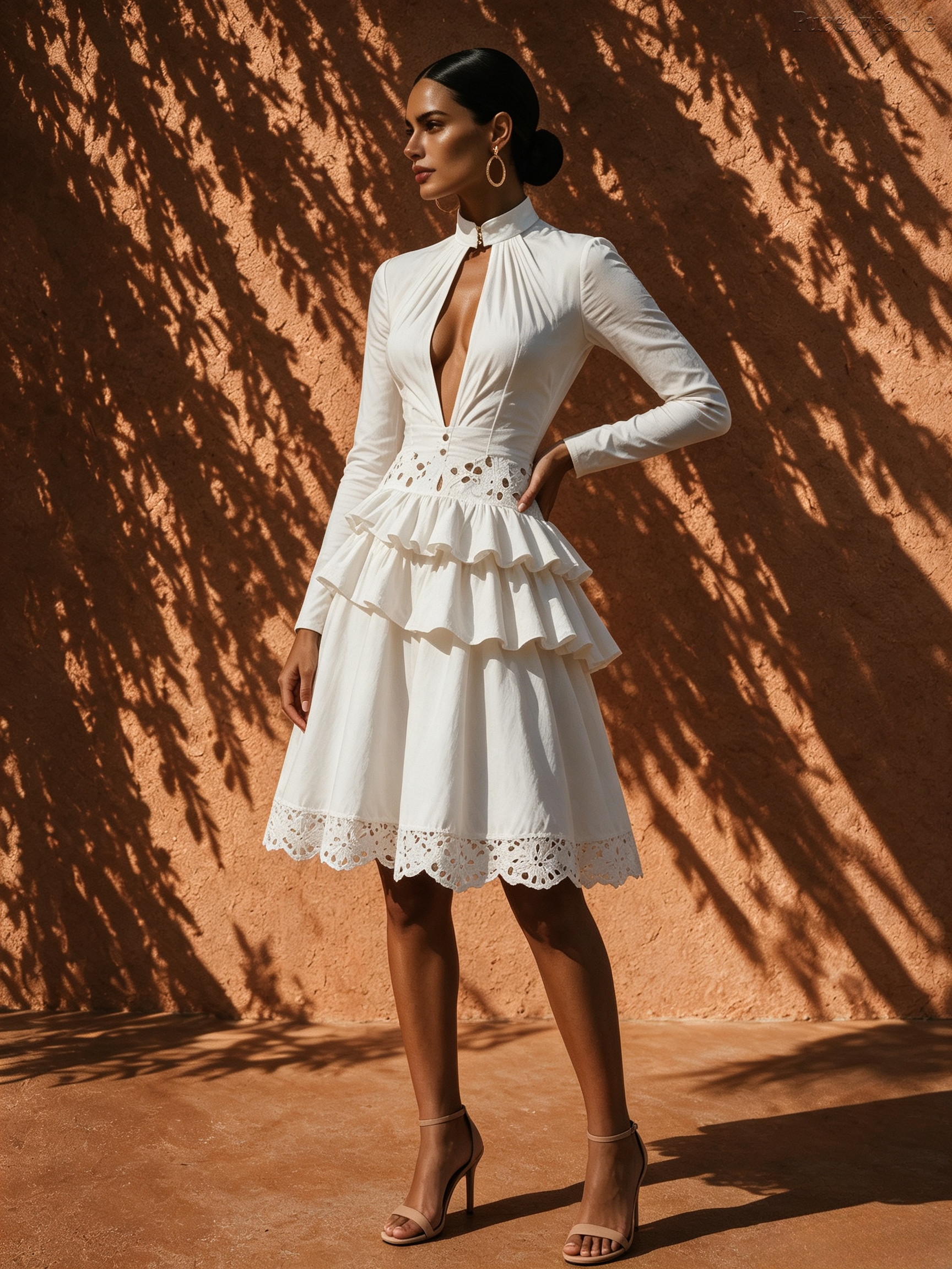 Elysia White Long-Sleeved Hollowed-Out Ruffle Midi Dress