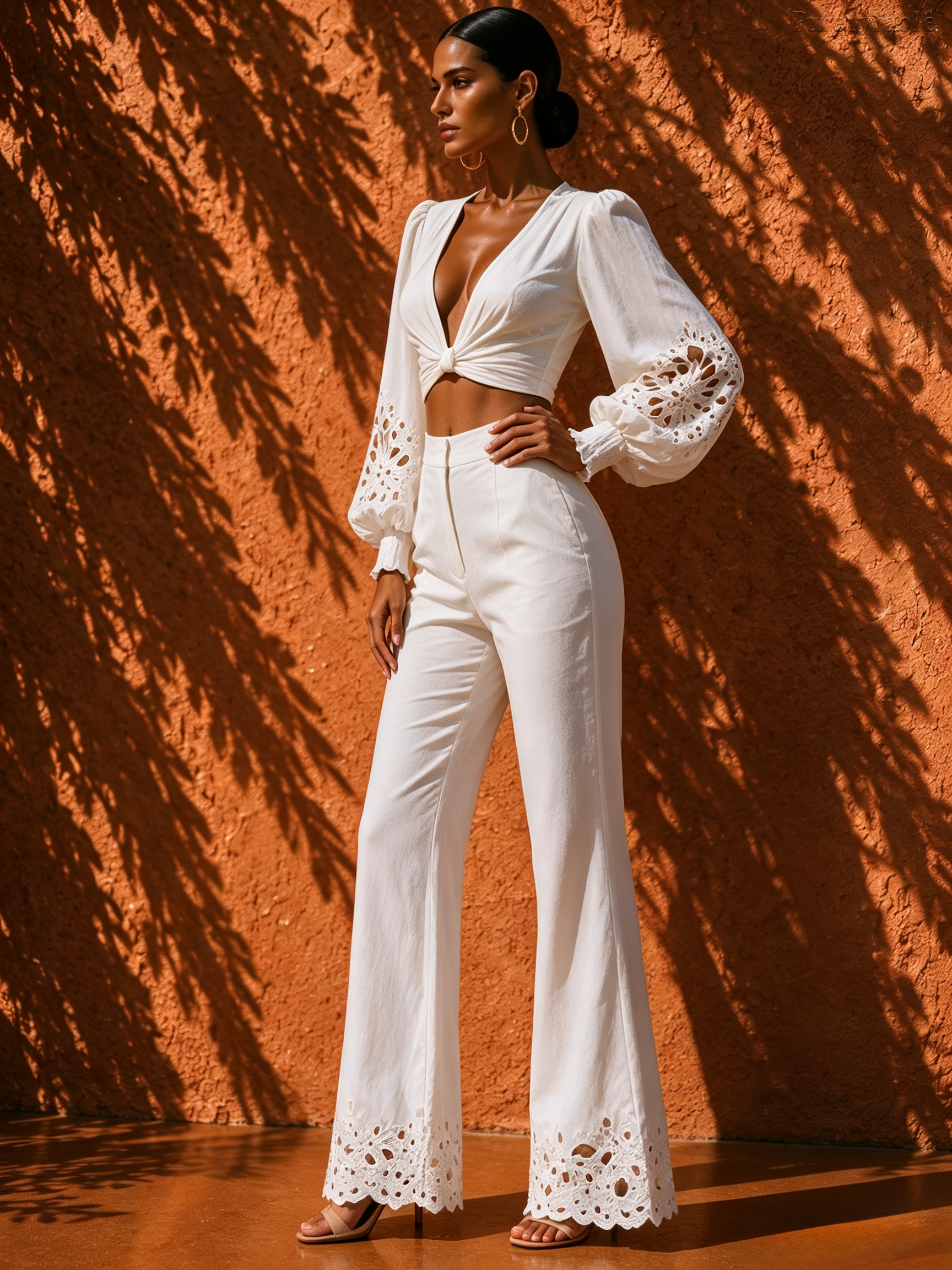 Elysia White Puffed Sleeve Cut-Out Flare Pants Two-Piece Set