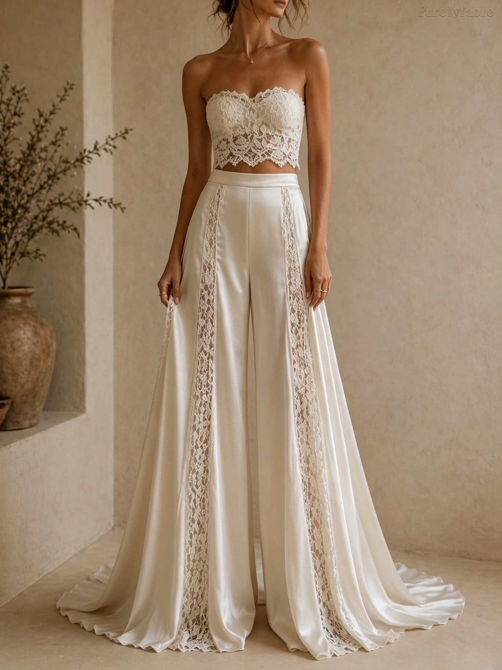 Valeria White Lace Bralette and Wide-Leg Pants Set