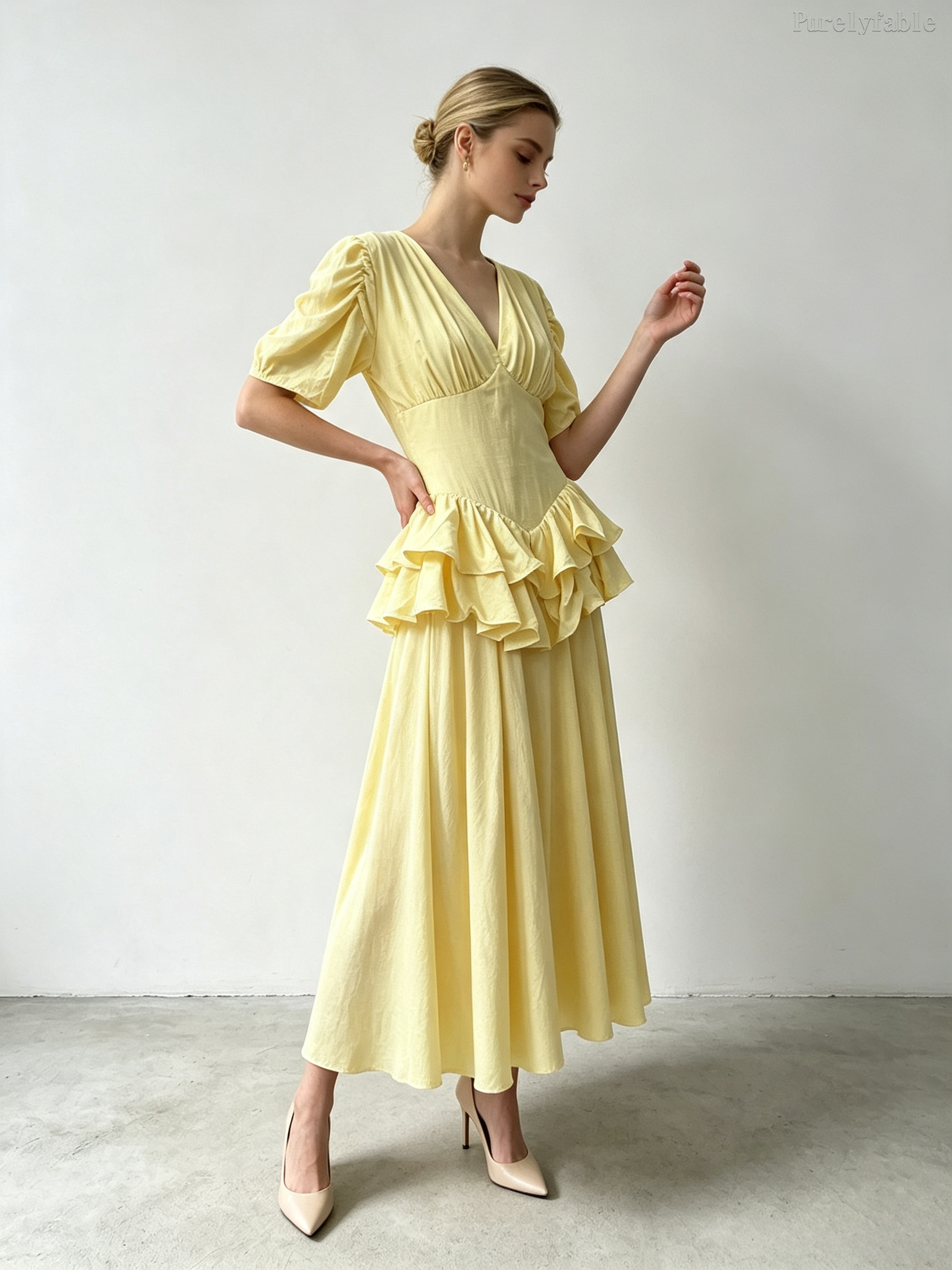 Camilla  Orange Ruffle V-Neck Puff Sleeve Dress