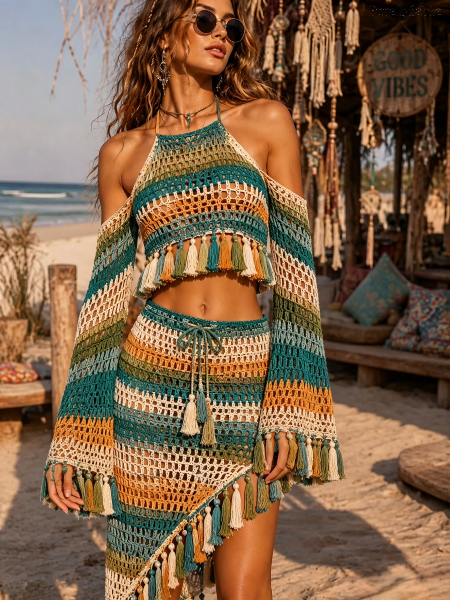 Zaida Colorful Sleeveless Striped Cable Knit Two-Piece Set