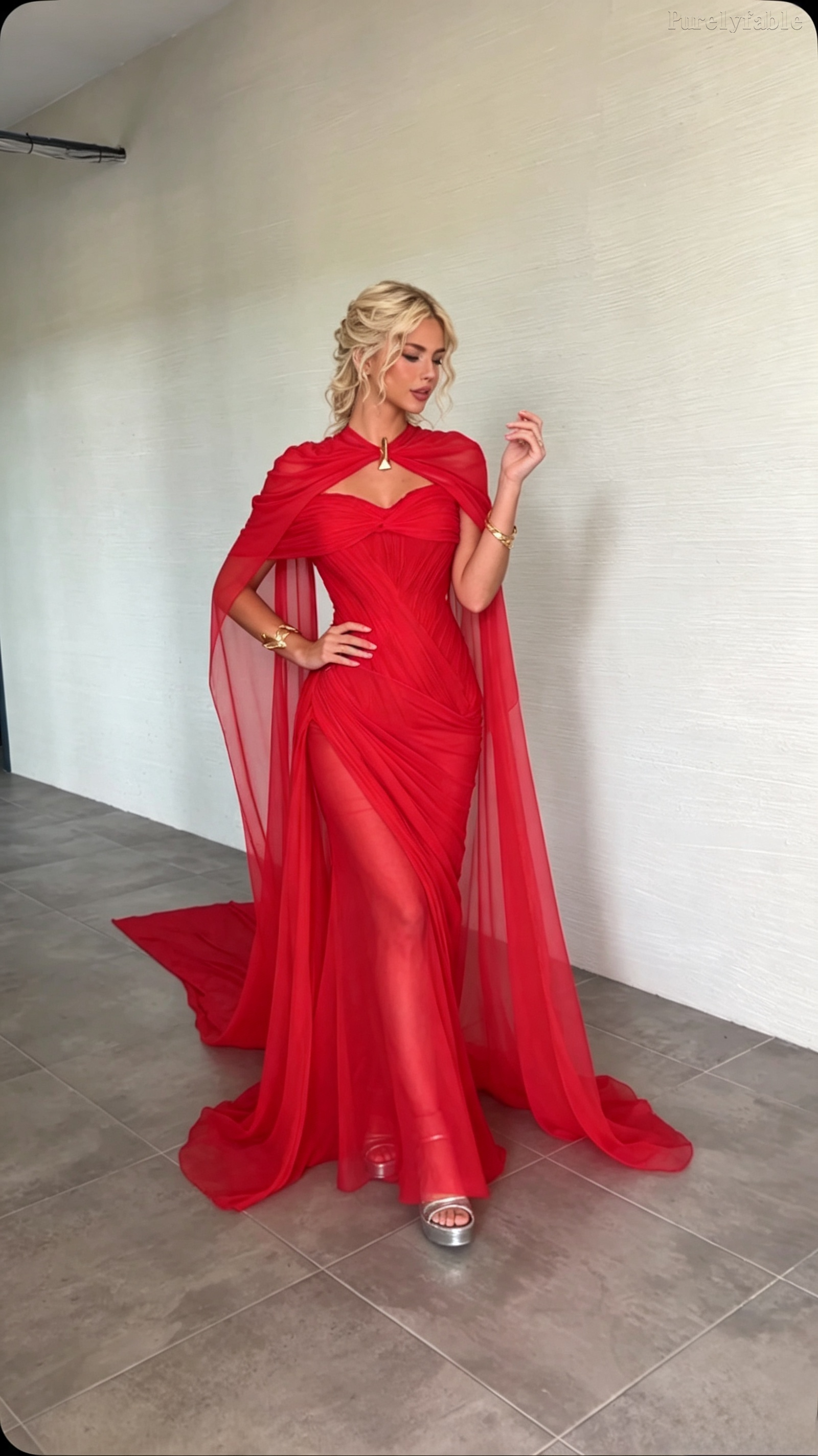 Arwen Red Cape-Draped Long Dress