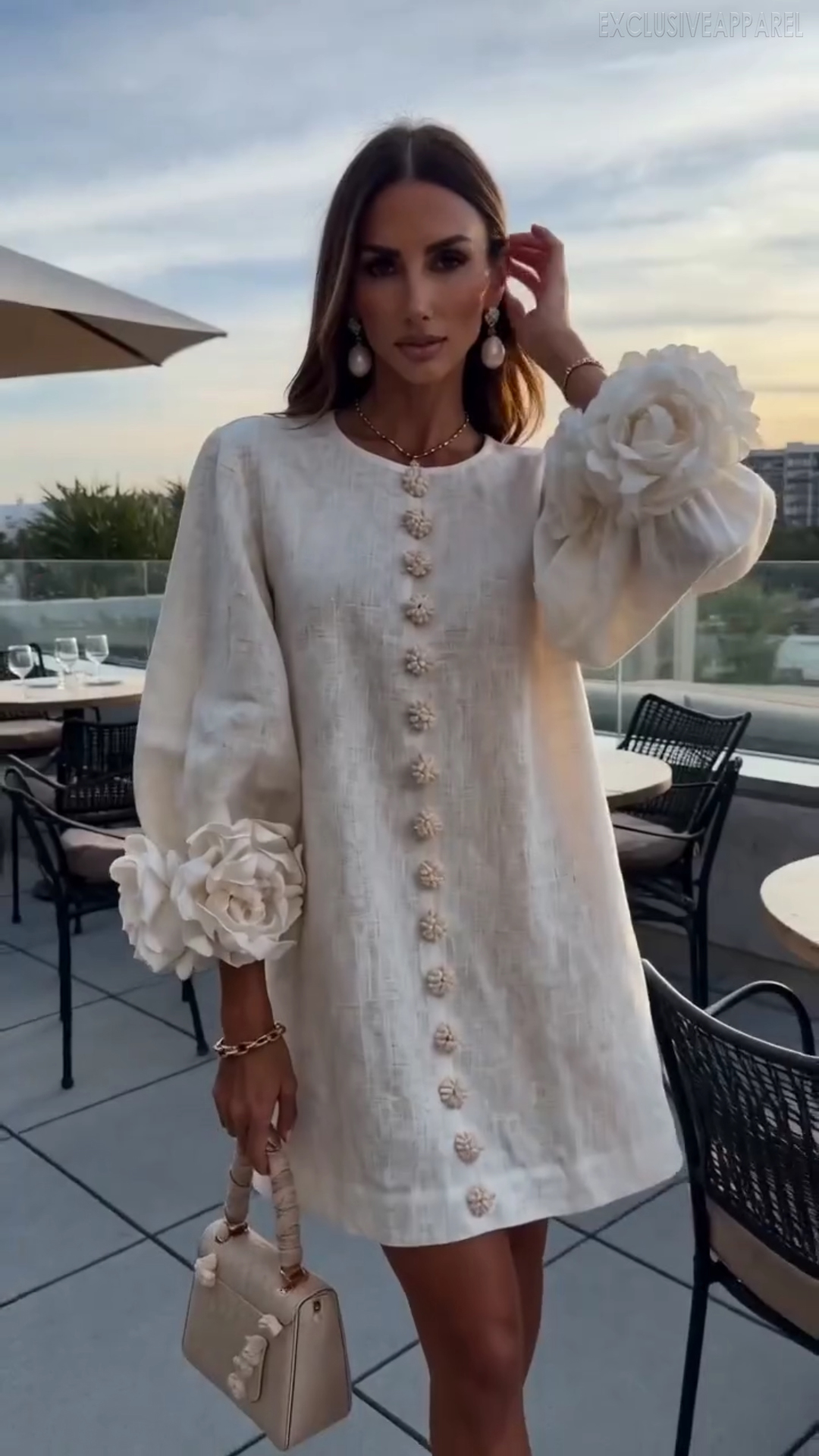 Thalia White Round-Neck Puff  Seeve Short Dress