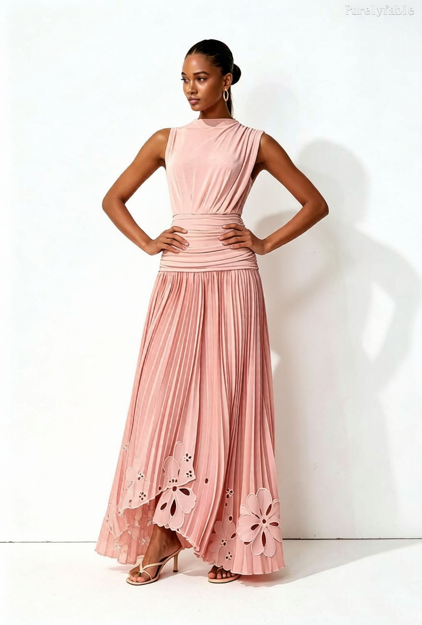 Evanna Pink Sleeveless Half high Neck Floral Dress